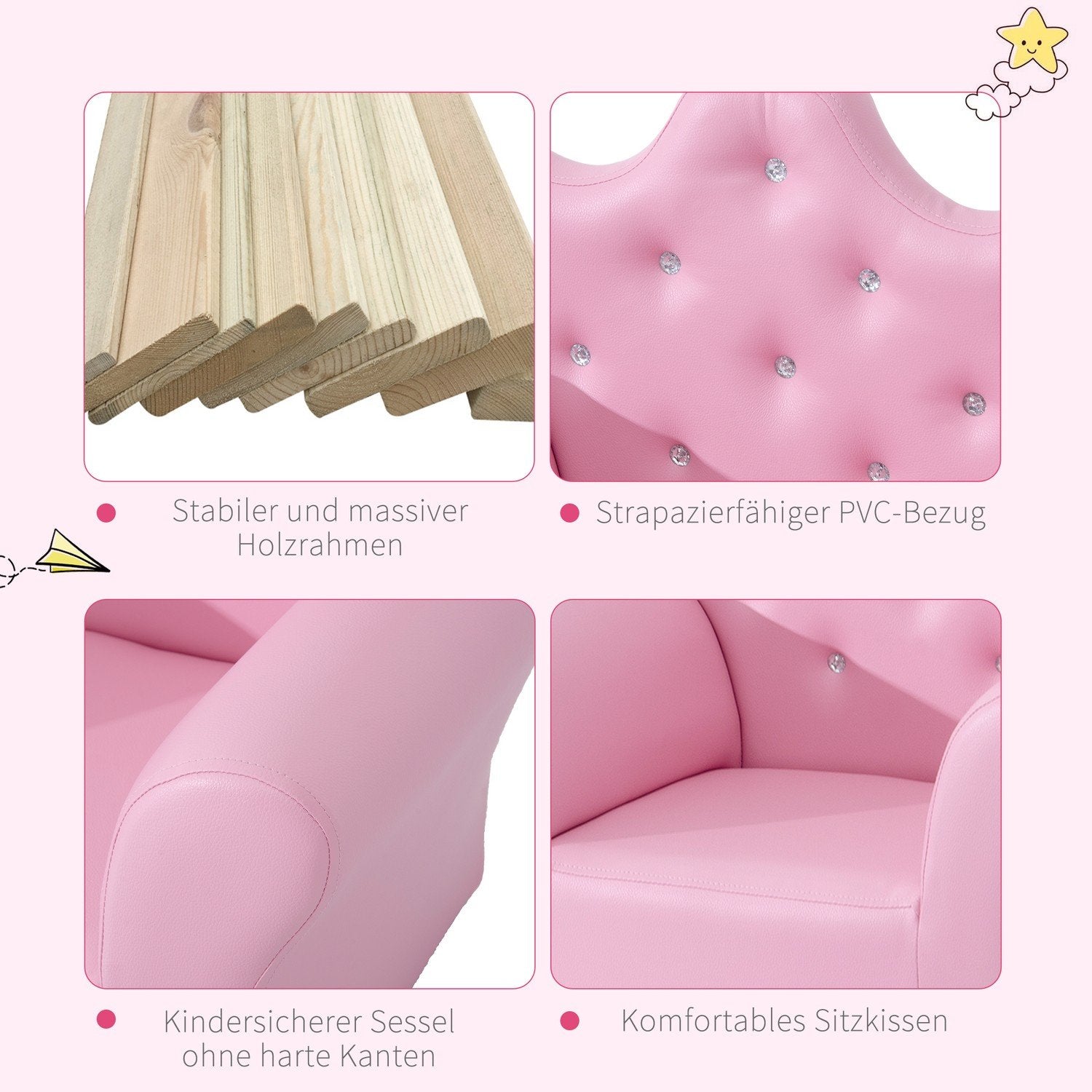 Jenter Lenestol Myk Sofa Krystall Knapper Krakk Rosa Komfortabel Fra 3 år 58X40,5X49Cm