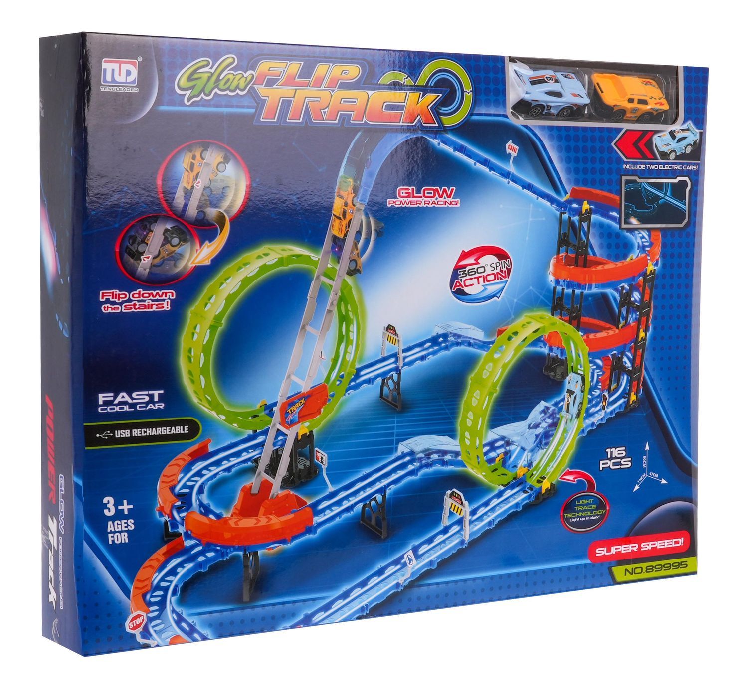 Glow-in-the-Dark Race Track Set med snabba bilar, 116 st