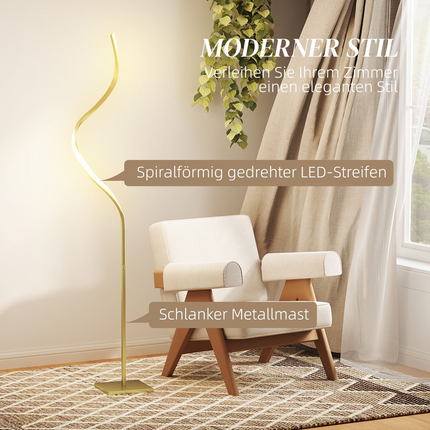 Dimbar LED-golvlampa, spiraldesign, 3 ljusfärger, guld