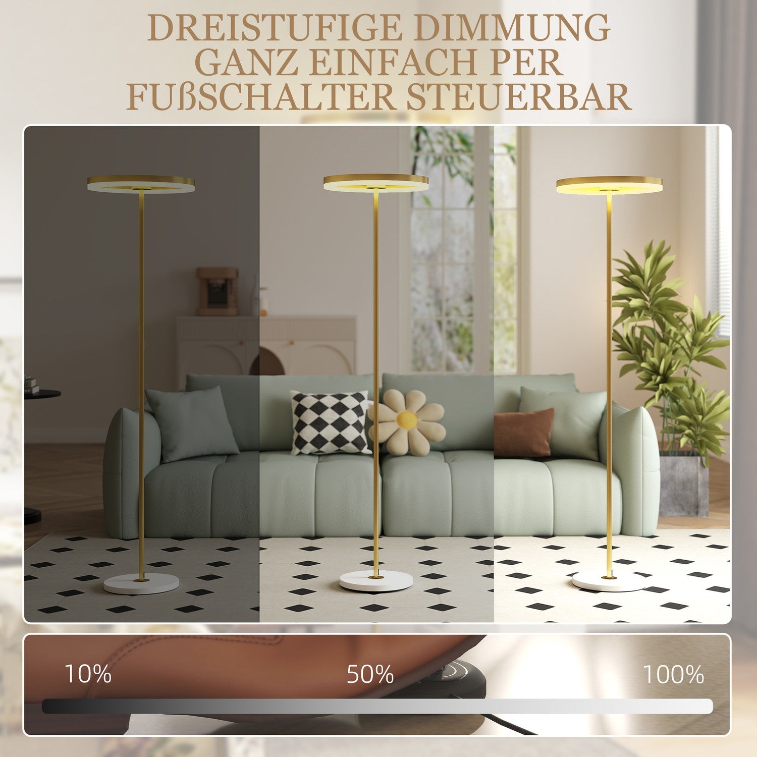 Golvlampa, fotkontakt, metallstruktur, skärm i akryl, 4000K, dimbar, guldfärgad