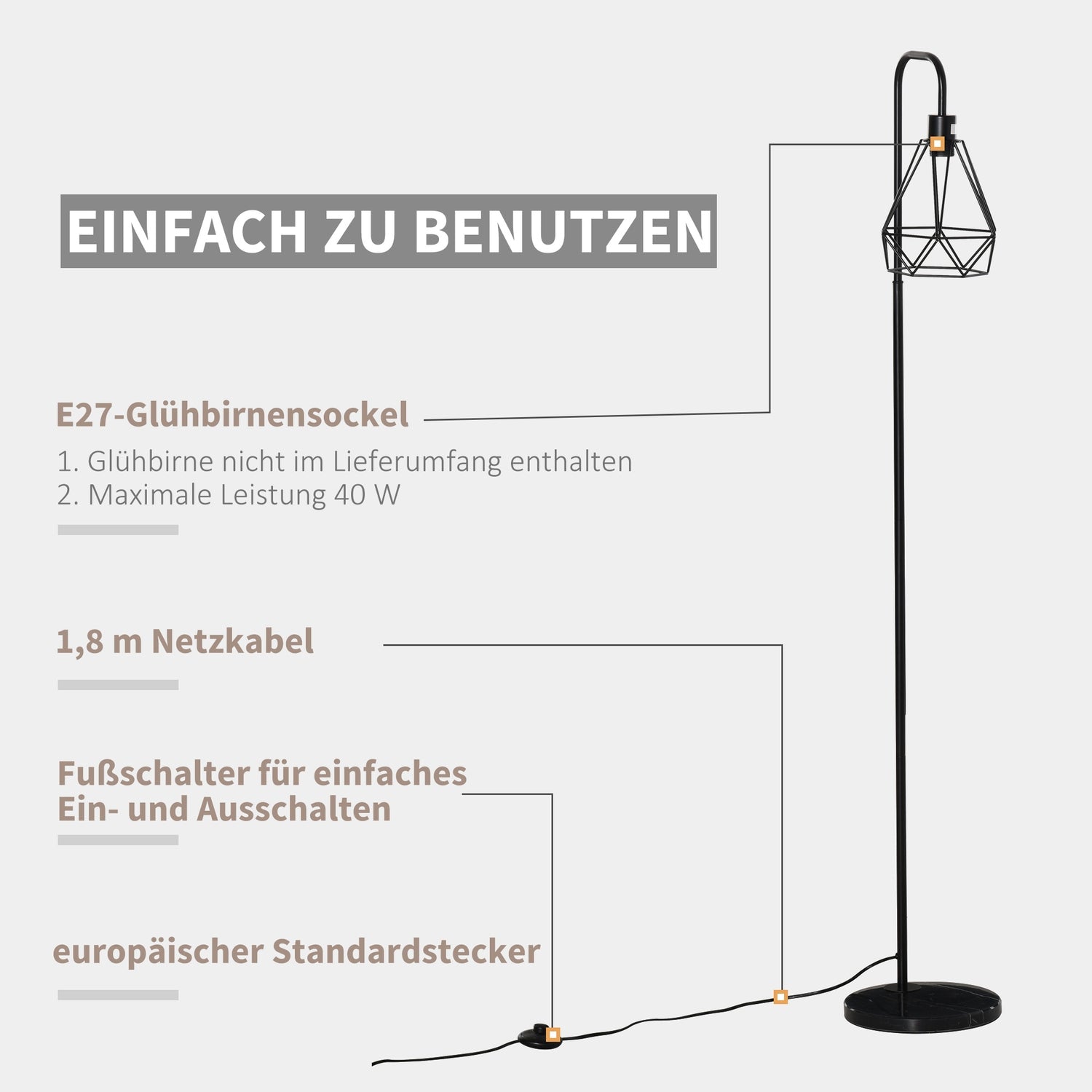 Golvlampa i industriell stil, E27 Sockel, Stål & Marmor, Svart