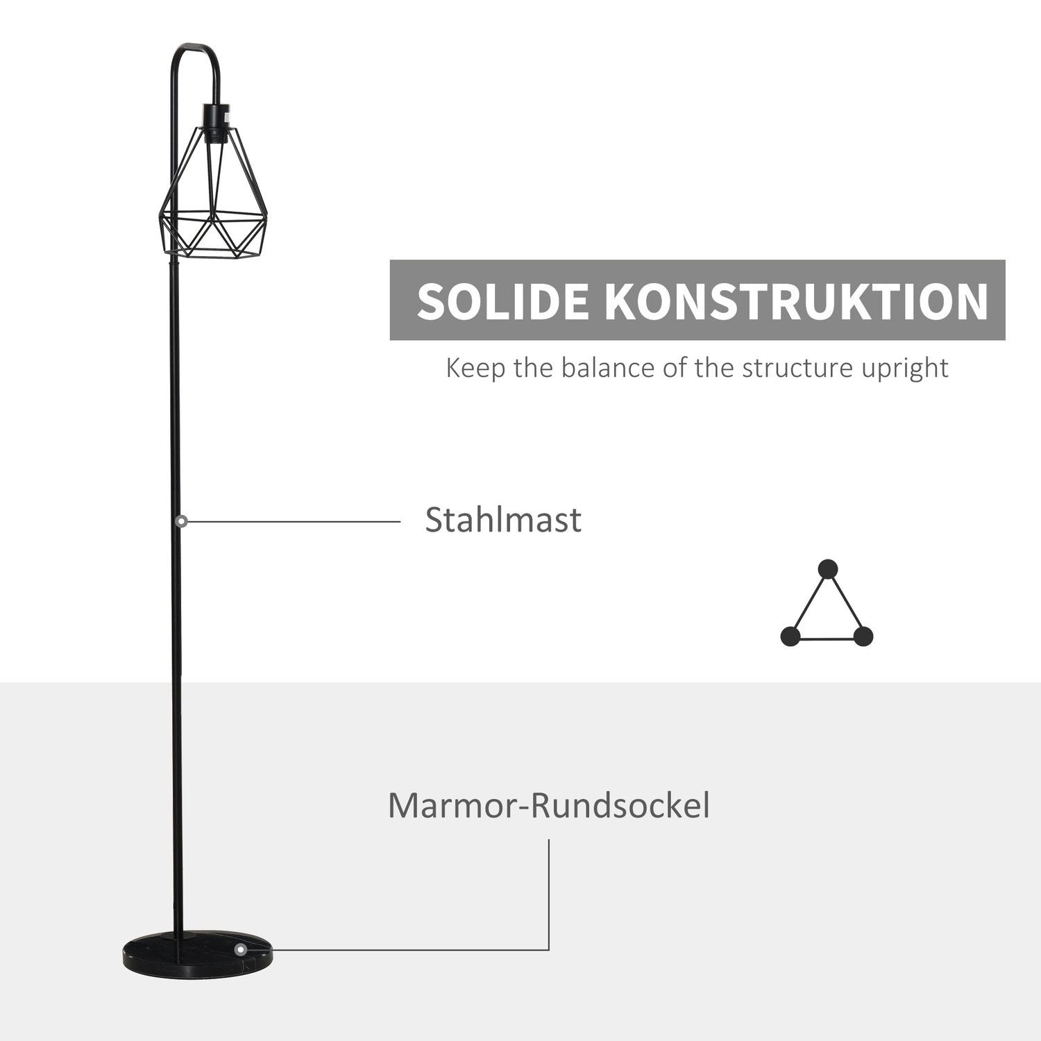 Golvlampa i industriell stil, E27 Sockel, Stål & Marmor, Svart