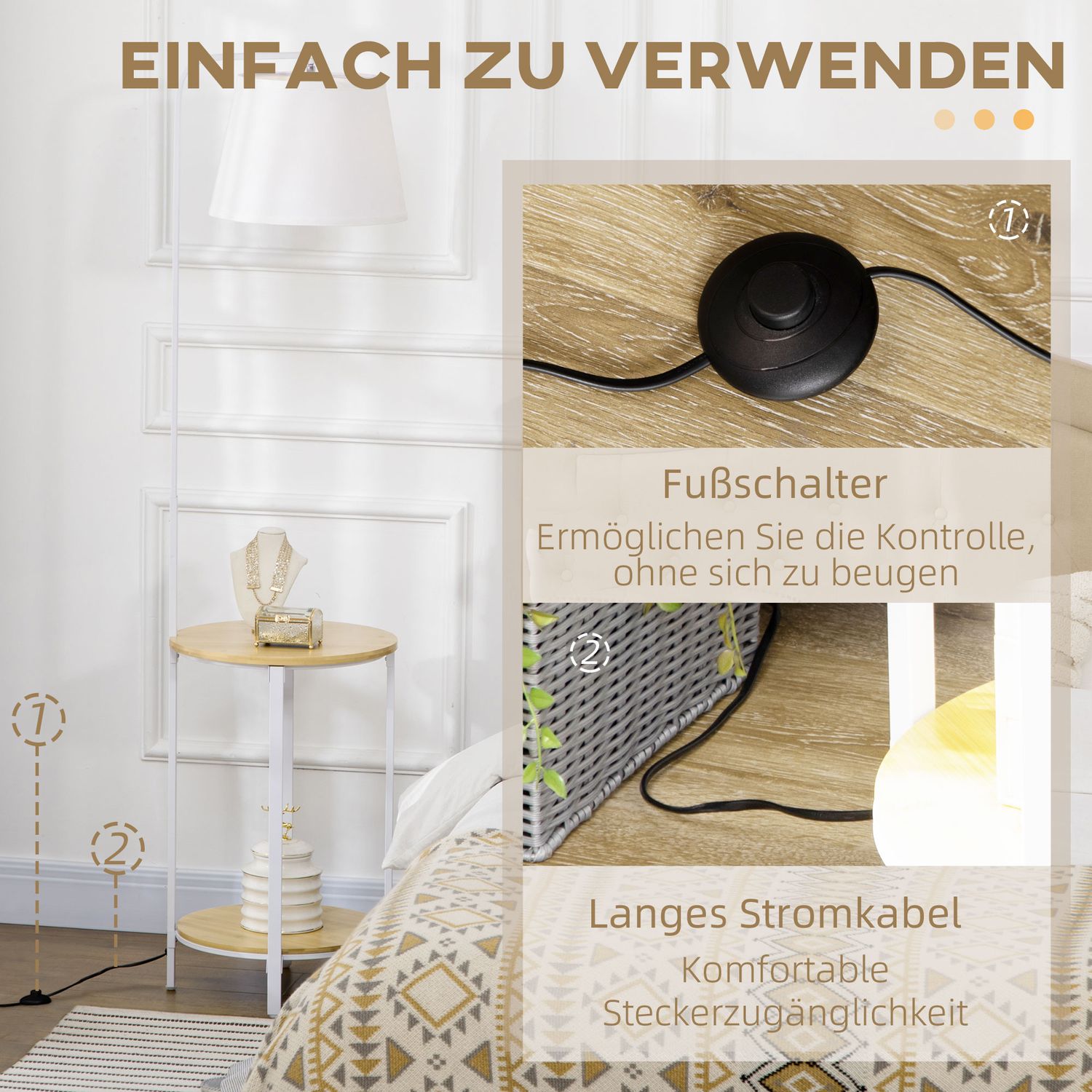 Golvlampa i vit metall, 40W, Skärm i linne, 162 cm Höjd