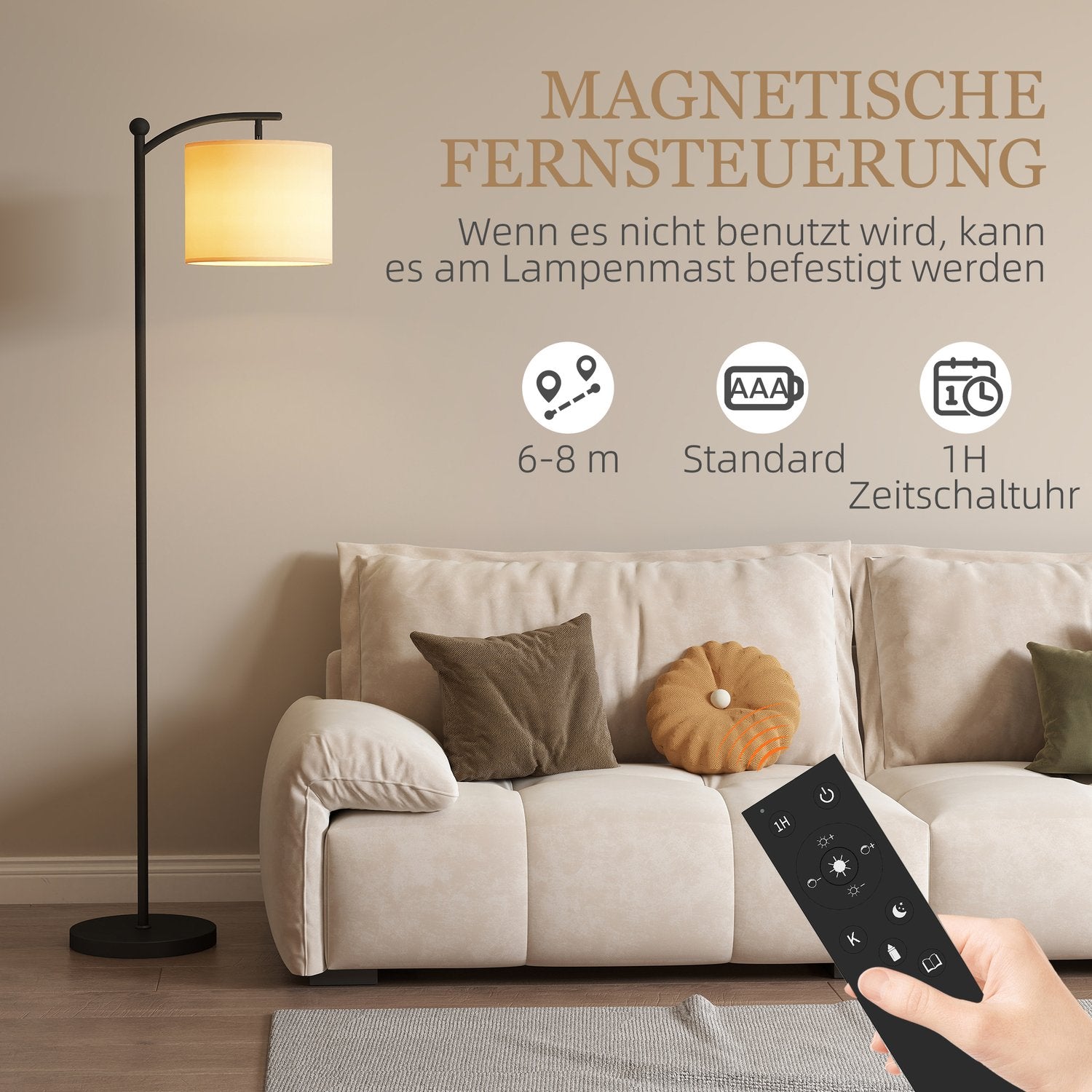 Golvlampa, justerbara ljusalternativ, fotkontakt, fjärrkontroll, metall, svart