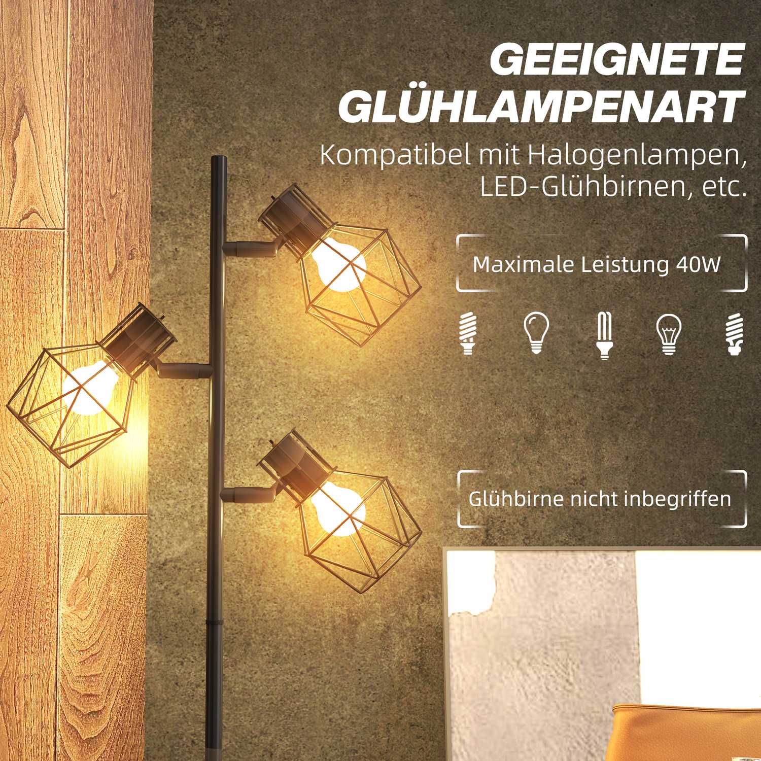 Golvlampa med 3 justerbara huvuden, 169 cm svart metall