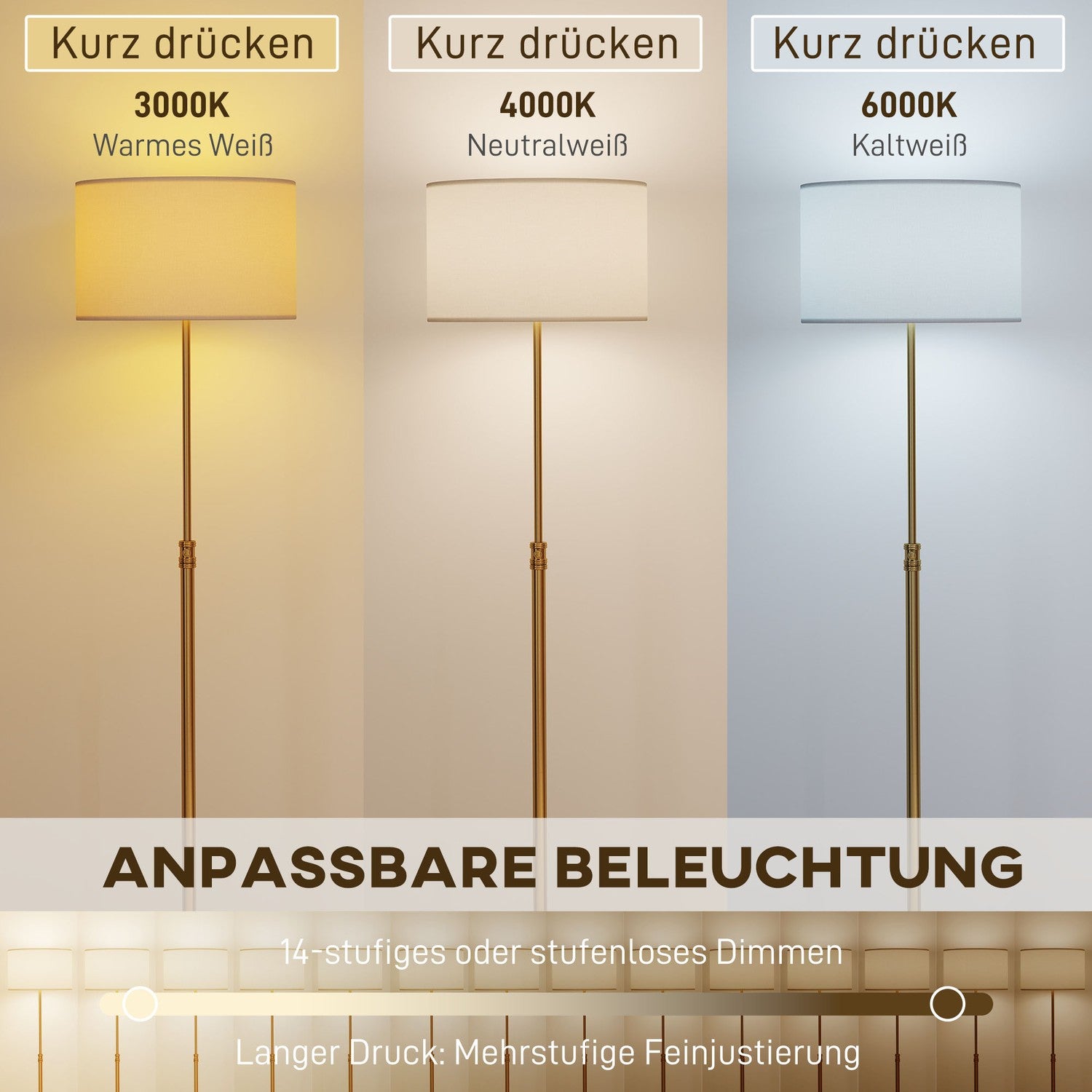 Golvlampa med fjärrkontroll, justerbar höjd, tygskärm