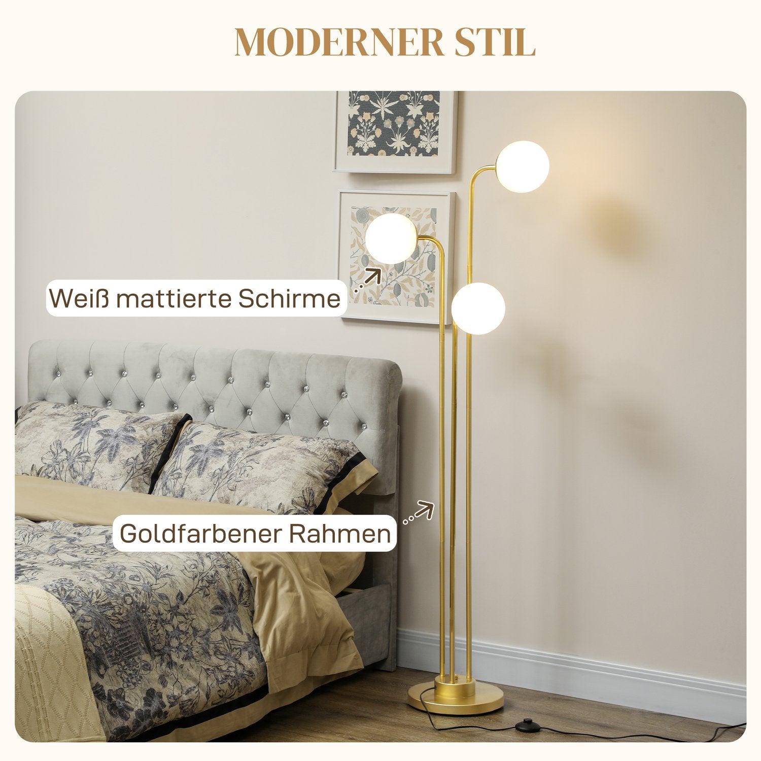 Golvlampa med roterande skärmar – 120W, guld, 1,65m