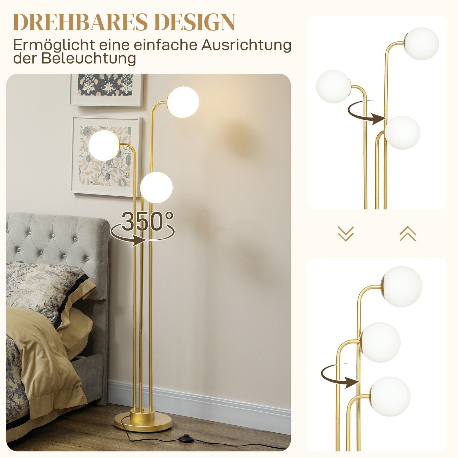 Golvlampa med roterande skärmar – 120W, guld, 1,65m