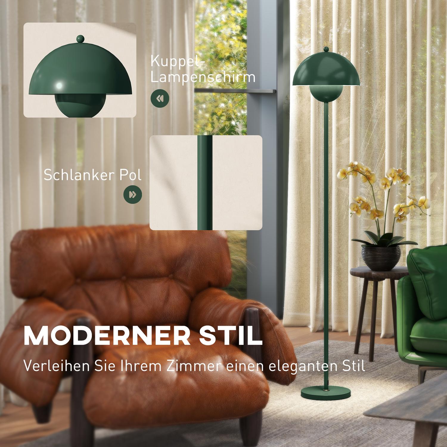 Golvlampa med rund skärm, fotkontakt, lång kabel, grön