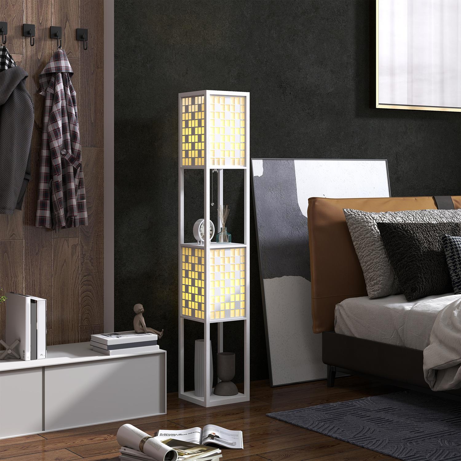 Golvlampa, rutmönster, 2-vånings hyllor, för olika glödlampor, vit