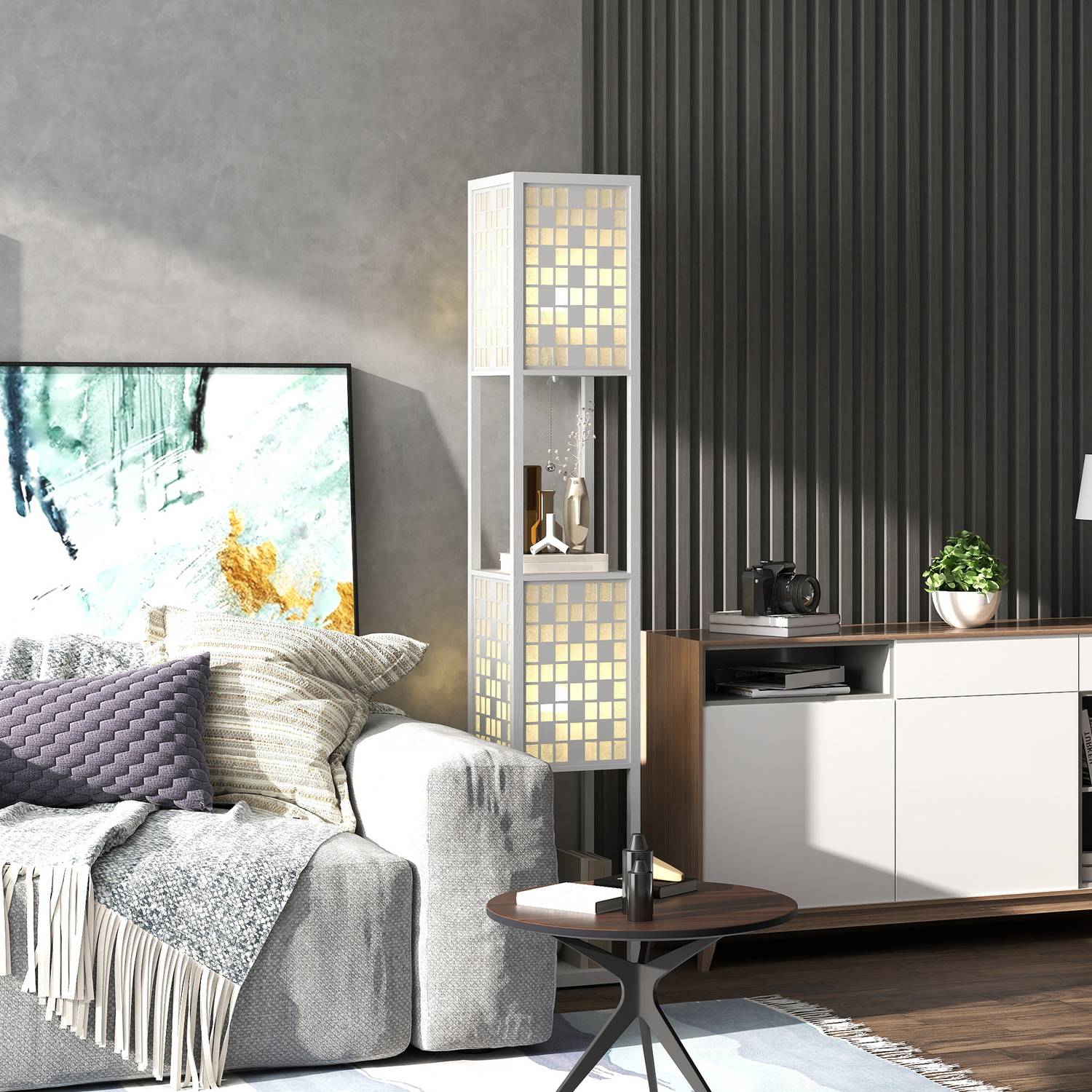 Golvlampa, rutmönster, 2-vånings hyllor, för olika glödlampor, vit