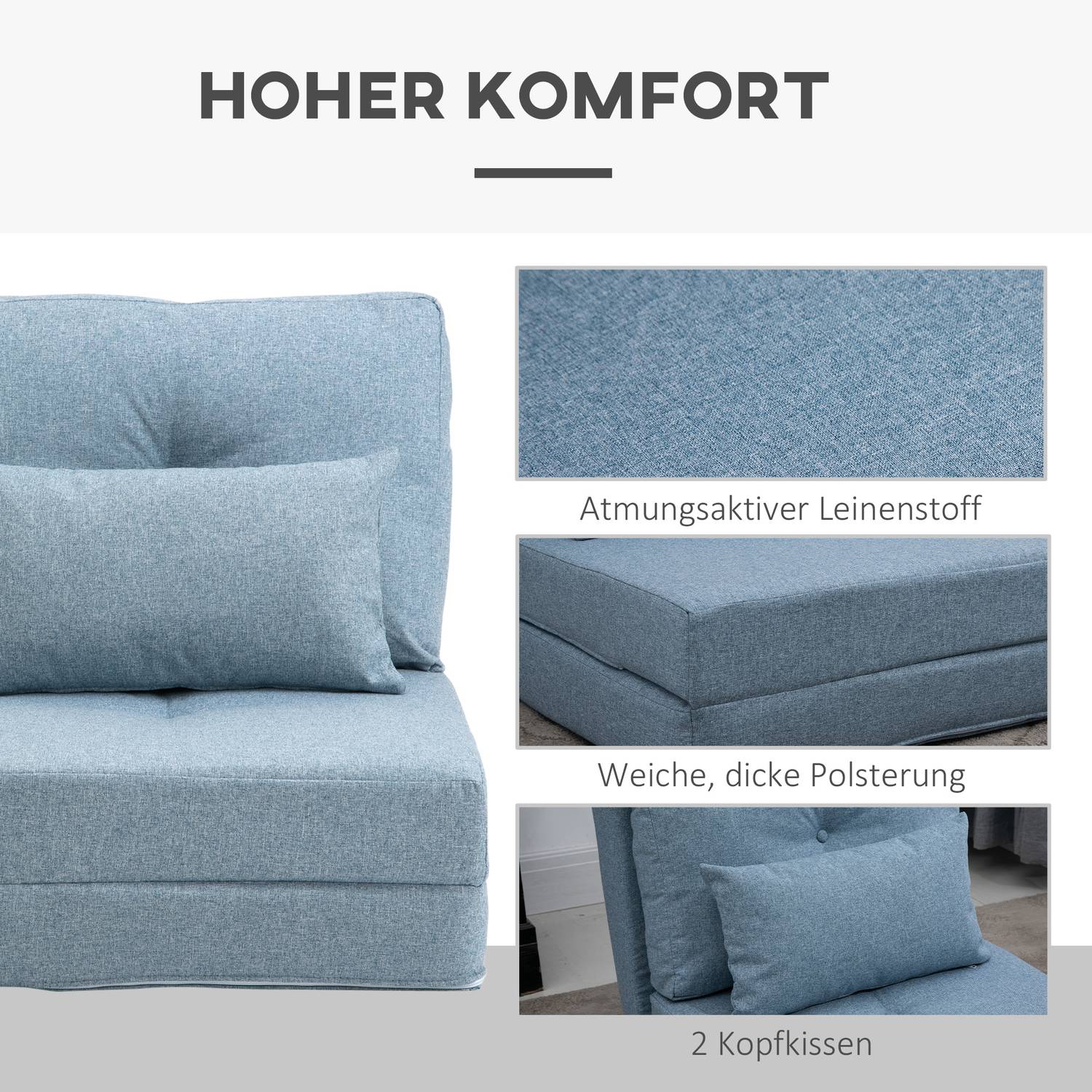 Golvstol hopfällbar sovmatta, 2-i-1 design, avtagbar kudde, 60 x 80 x 56 cm, himmelsblå