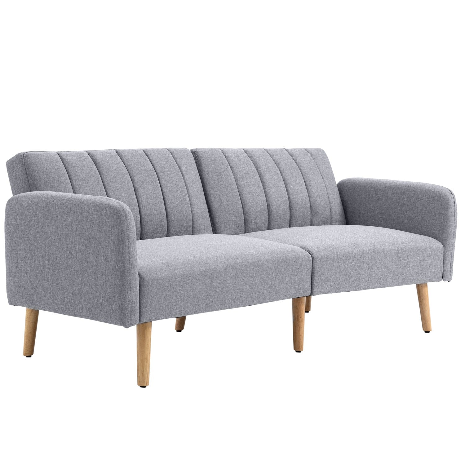Grå 2-sits bäddsoffa, ställbart ryggstöd, träben