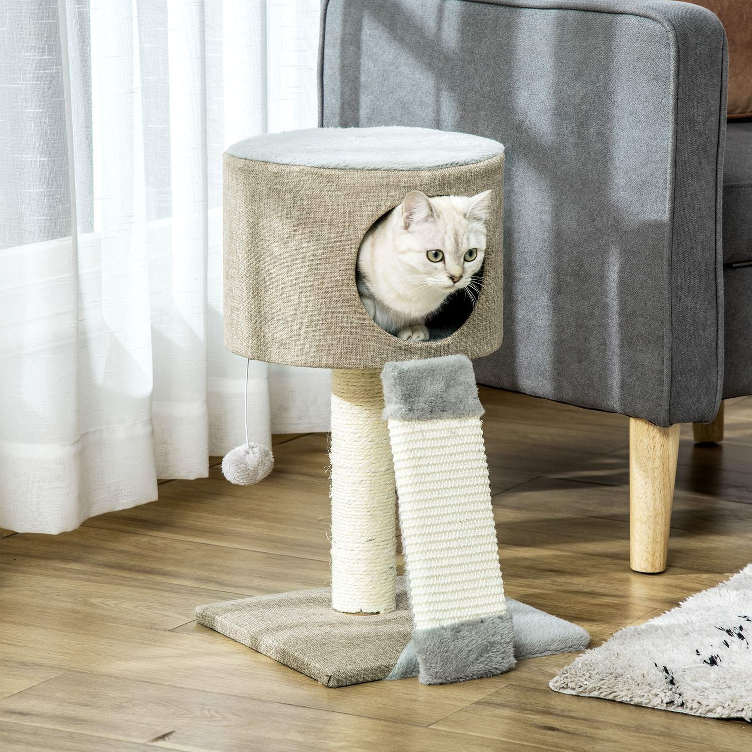 Cat Scratching Post Klätterträd Med Play Ball, Cat Box, Grå, 30X30X50Cm