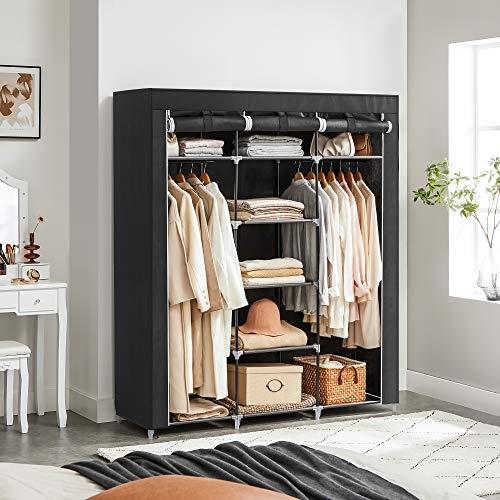 DIY stoffgarderobe med skinner, stor kapasitet, svart