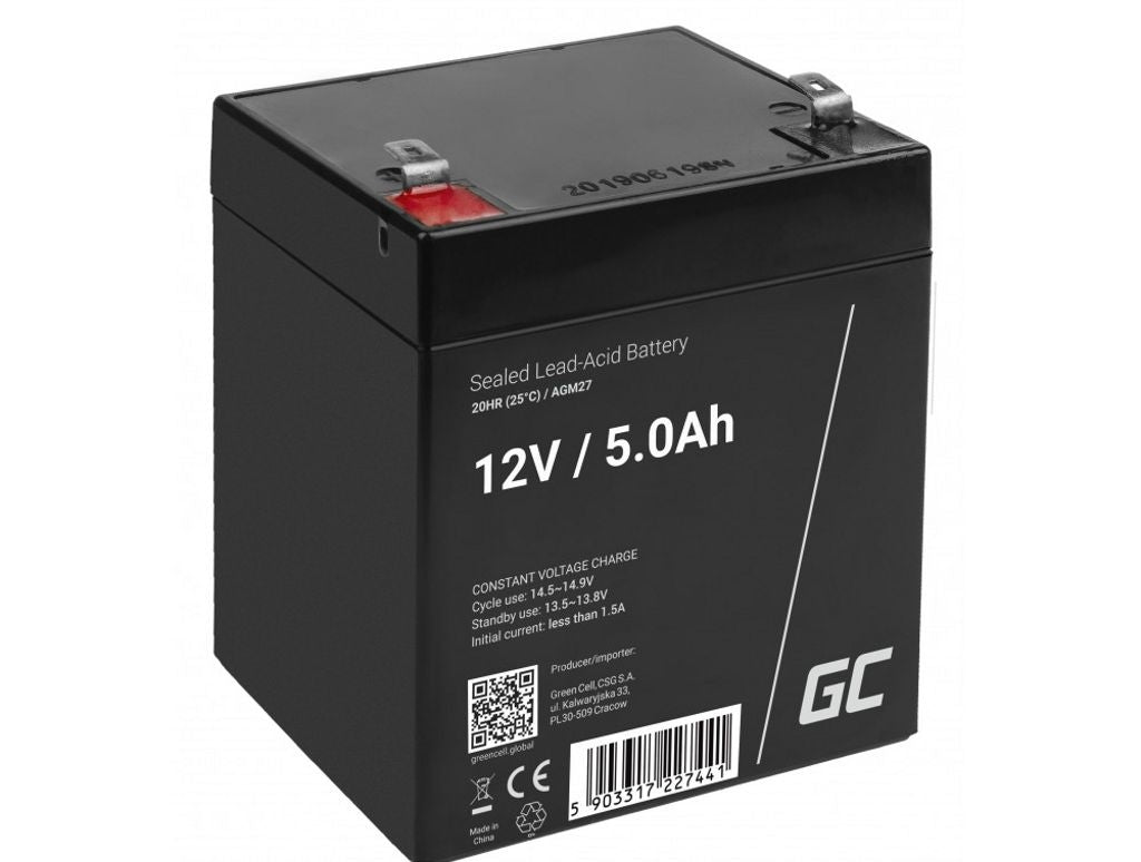 Green Cell AGM VRLA 12V 5Ah underhållsfritt batteri för larmsystem, kassaapparater, leksaker