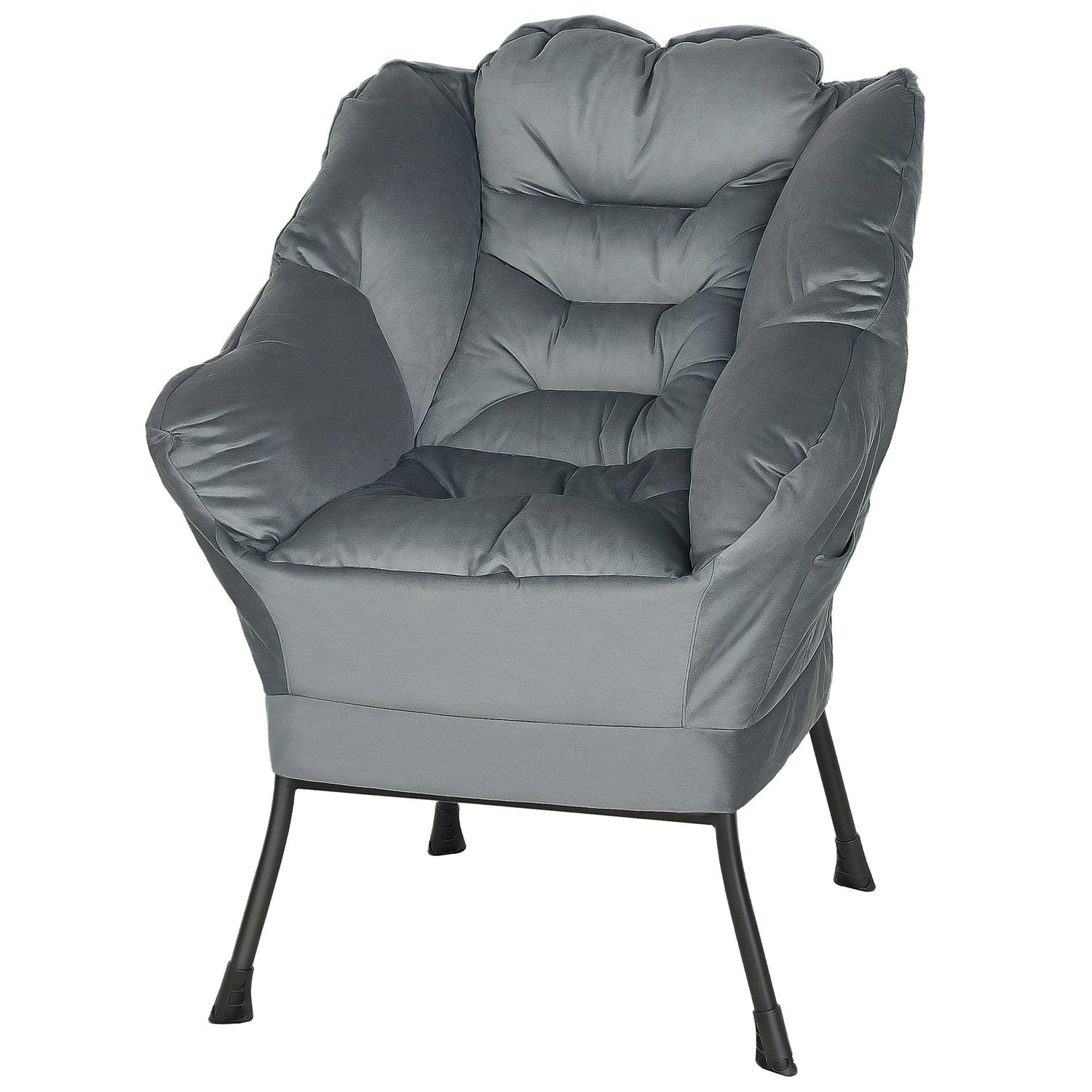 Grey Velvet Lounge Chair med sidoficka och stålben