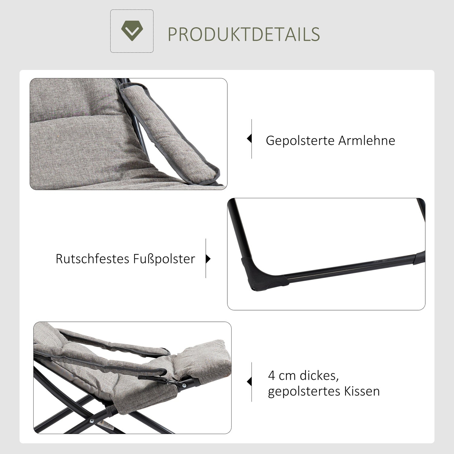 Grå fällstol – Avtagbar kudde, textilen & stål
