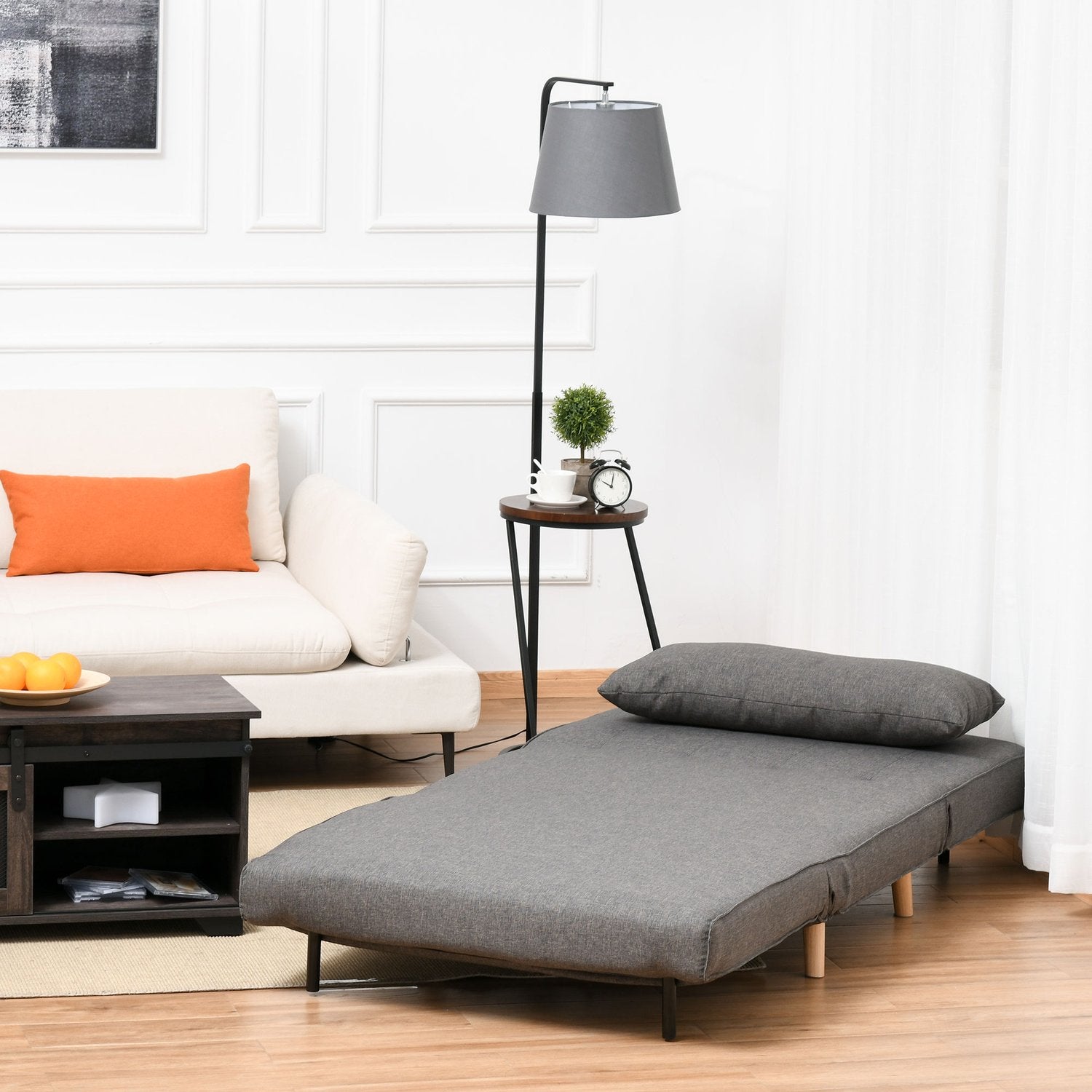 Grå hopfällbar bäddsoffa, enkelstorlek, justerbart ryggstöd