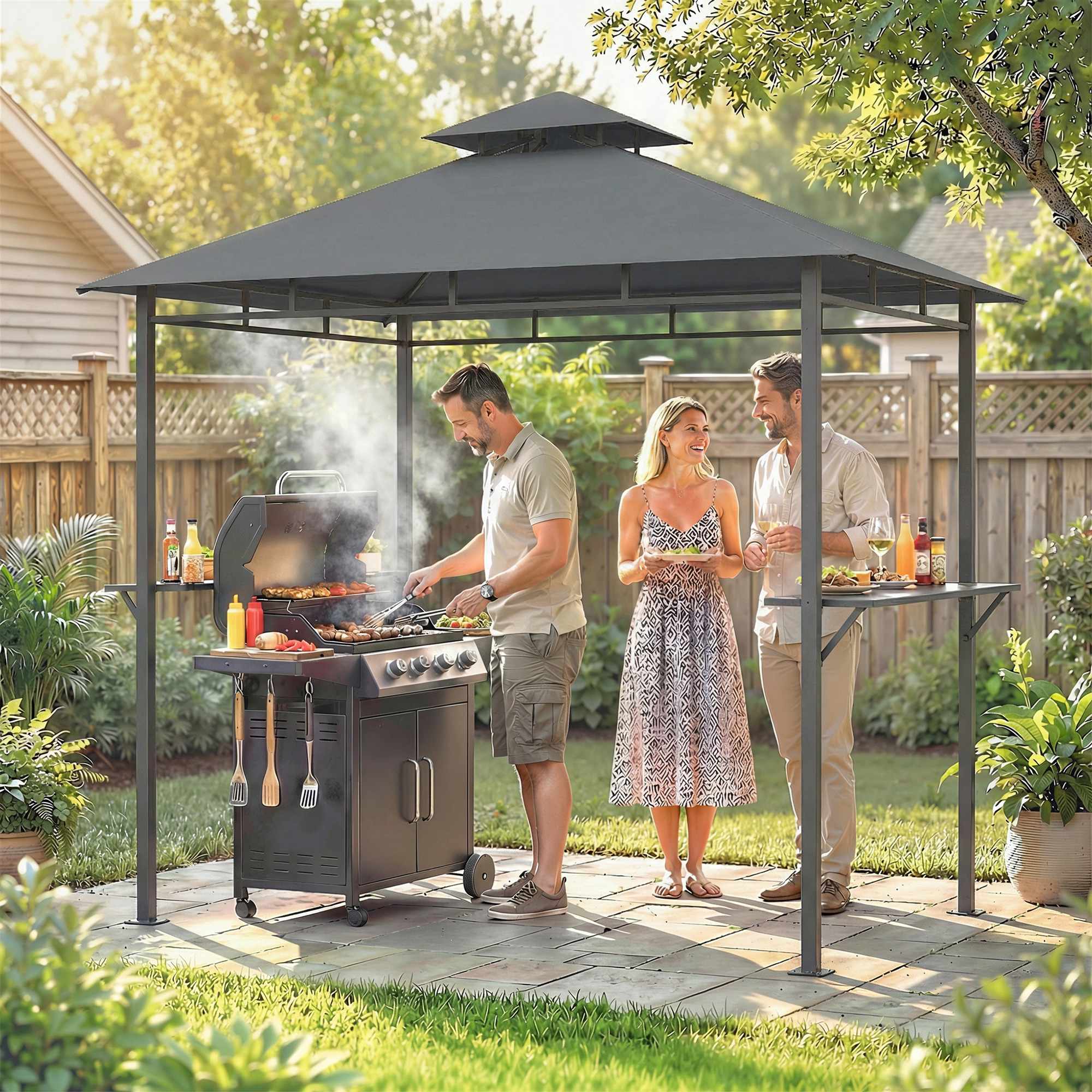 Grillpaviljong 2,4x1,4m, ventilerat tak, sidohyllor