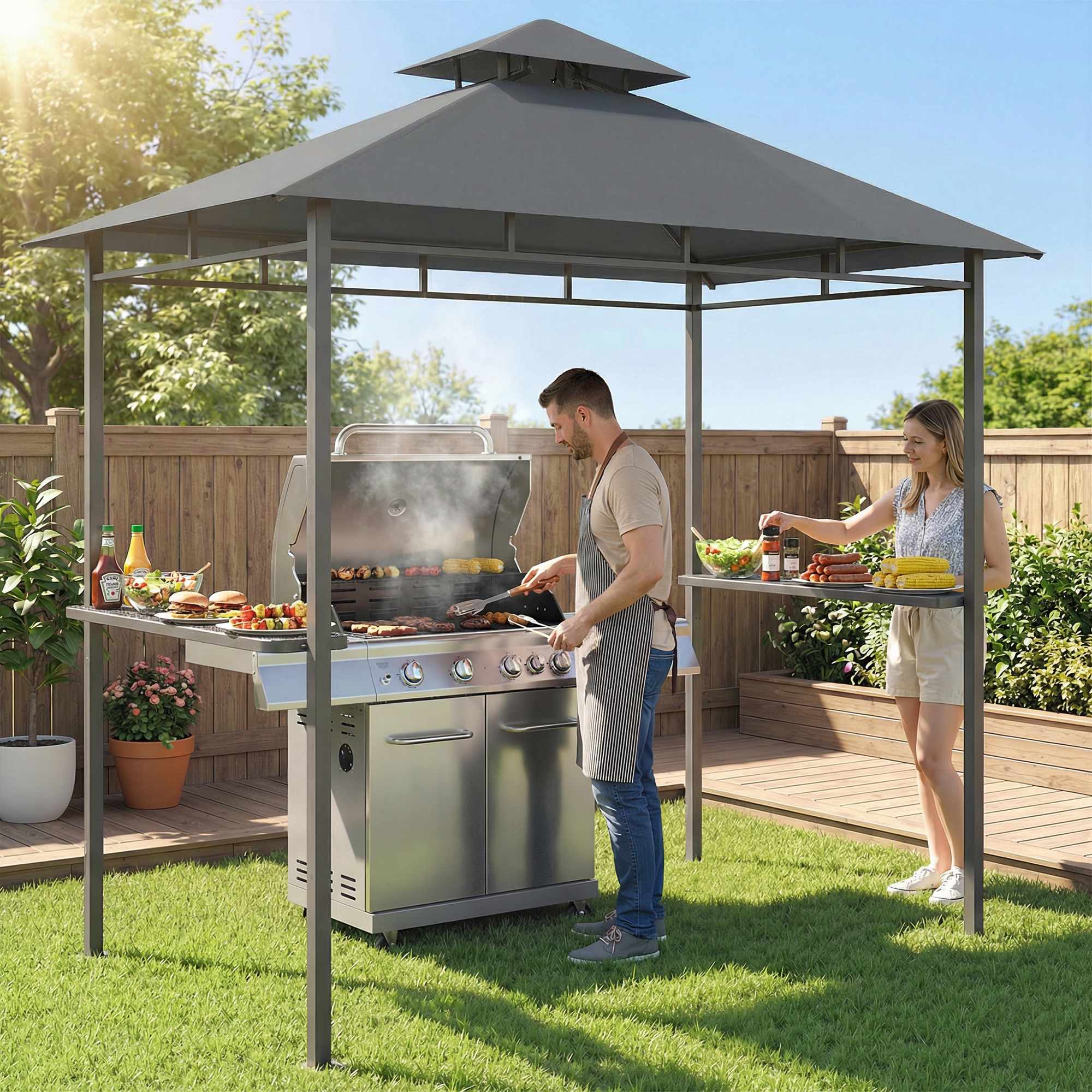 Grillpaviljong 2,4x1,4m, ventilerat tak, sidohyllor