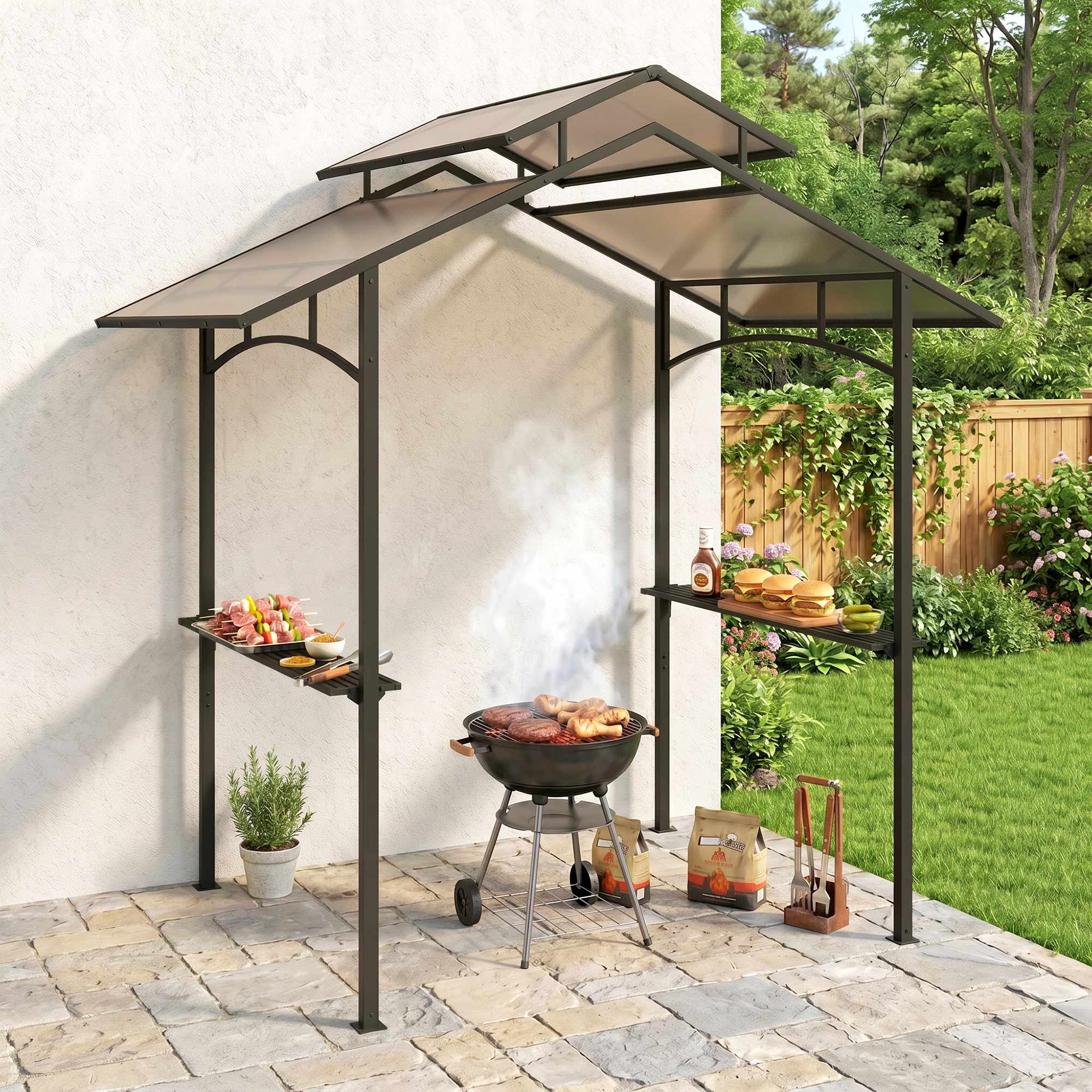 Grillpaviljong 2,4 x 1,5 m, stålram, 2 hyllor