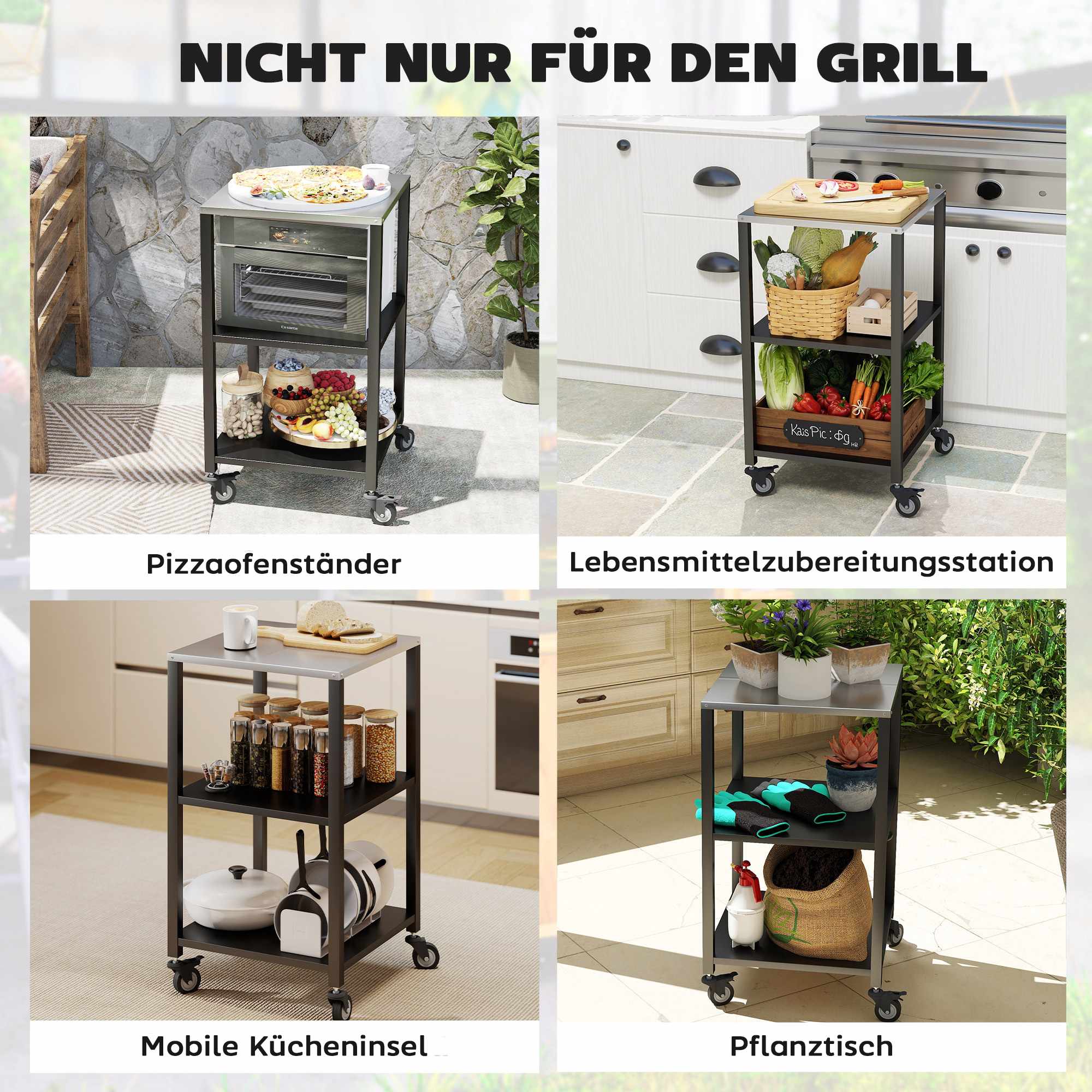 Grillvagn för utomhusbruk, 3-våningar i rostfritt stål, mobil 50x50x90 cm