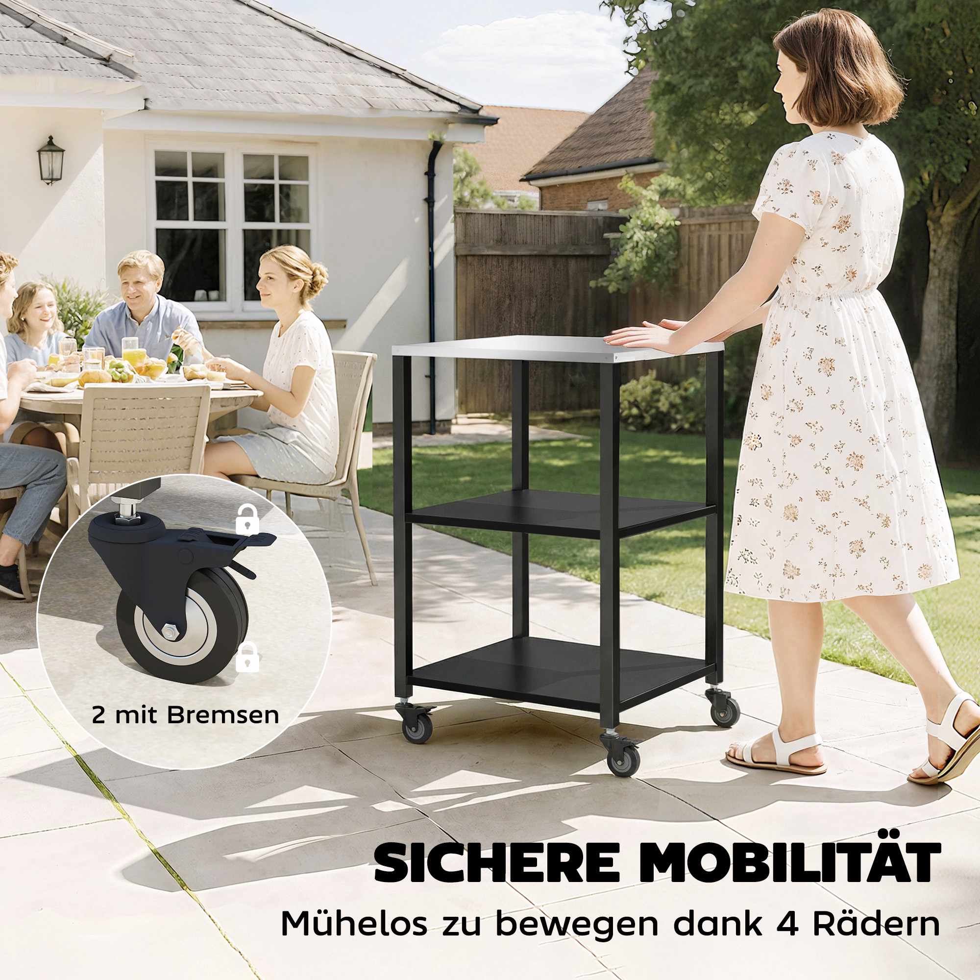 Grillvagn för utomhusbruk, 3-våningar i rostfritt stål, mobil 50x50x90 cm