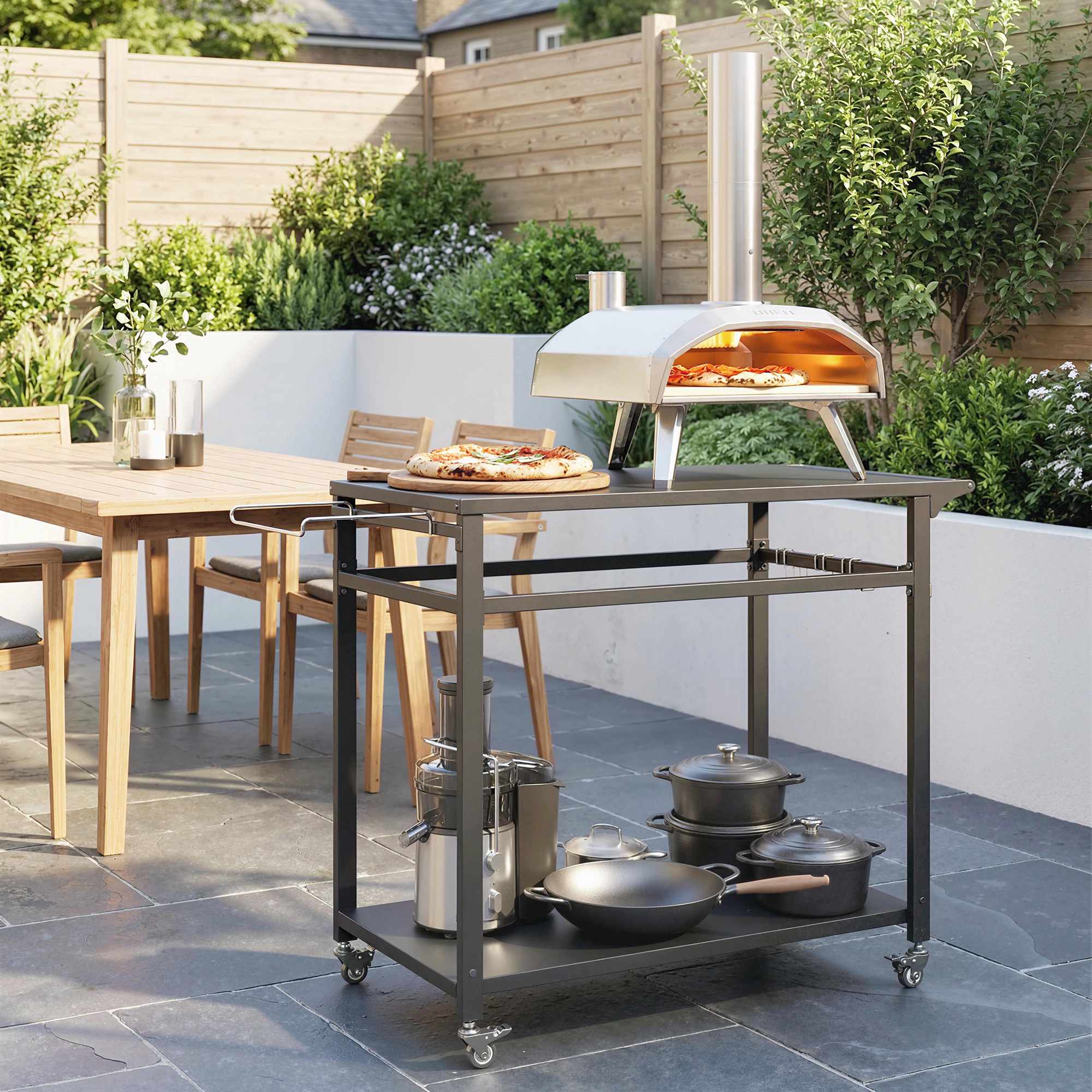Grillvagn med hjul, 2 nivåer, svart, 113x50,5x88 cm