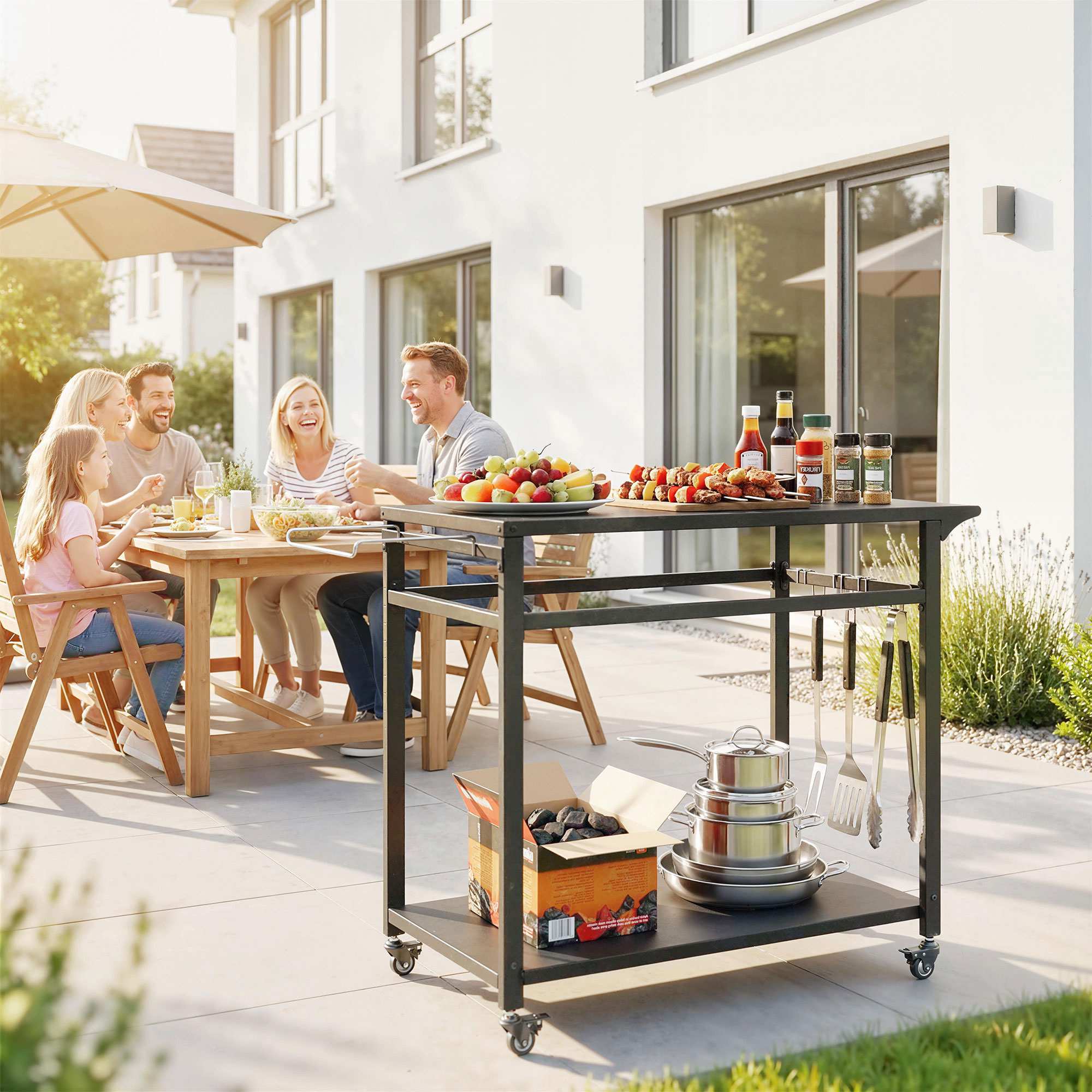 Grillvagn med hjul, 2 nivåer, svart, 113x50,5x88 cm