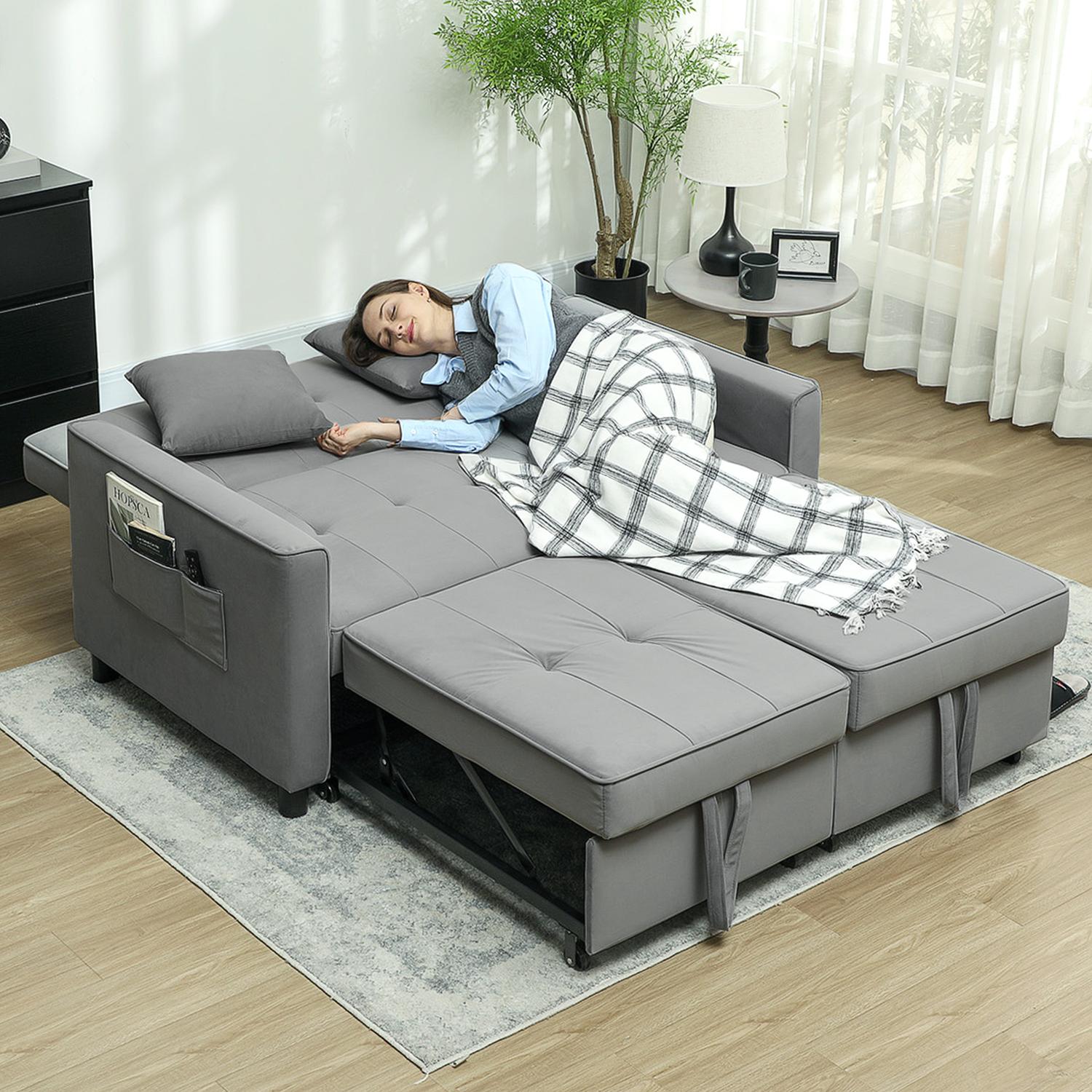 Grå sammetslook L-formad bäddsoffa med förvaring, kuddar