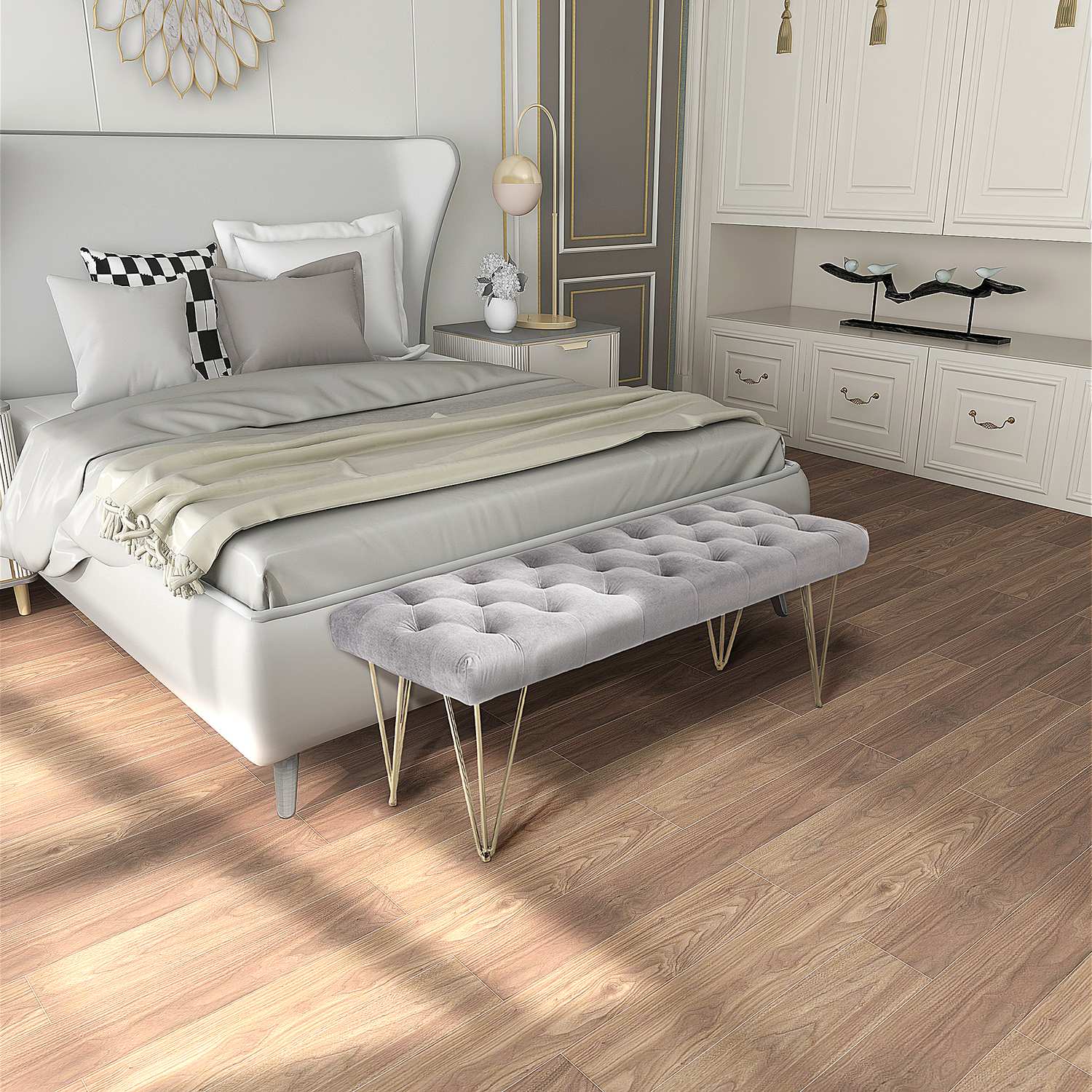 Grå sammetsskobänk – 116x44,5x49 cm, förvaring i entré