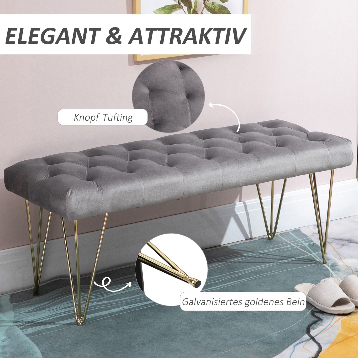 Grå sammetsskobänk – 116x44,5x49 cm, förvaring i entré