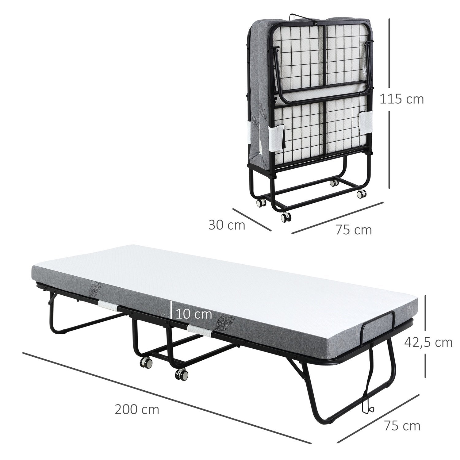 Gjesteseng Sammenleggbar seng med hjul, stål + skum, hvit + svart, 200X75X42,5 cm