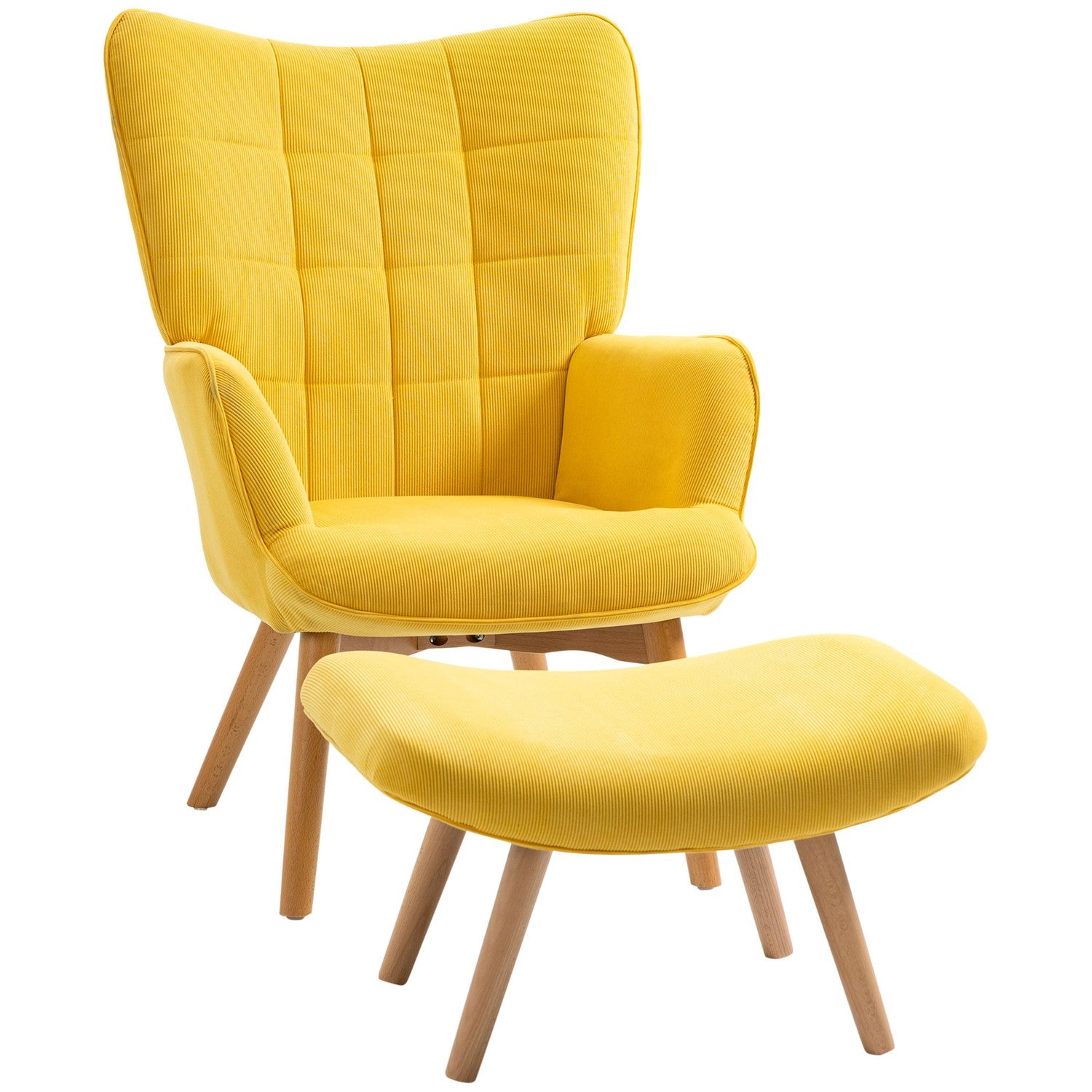 Gul Corduroy Wing Chair med pall – Wooden Legs Fåtölj