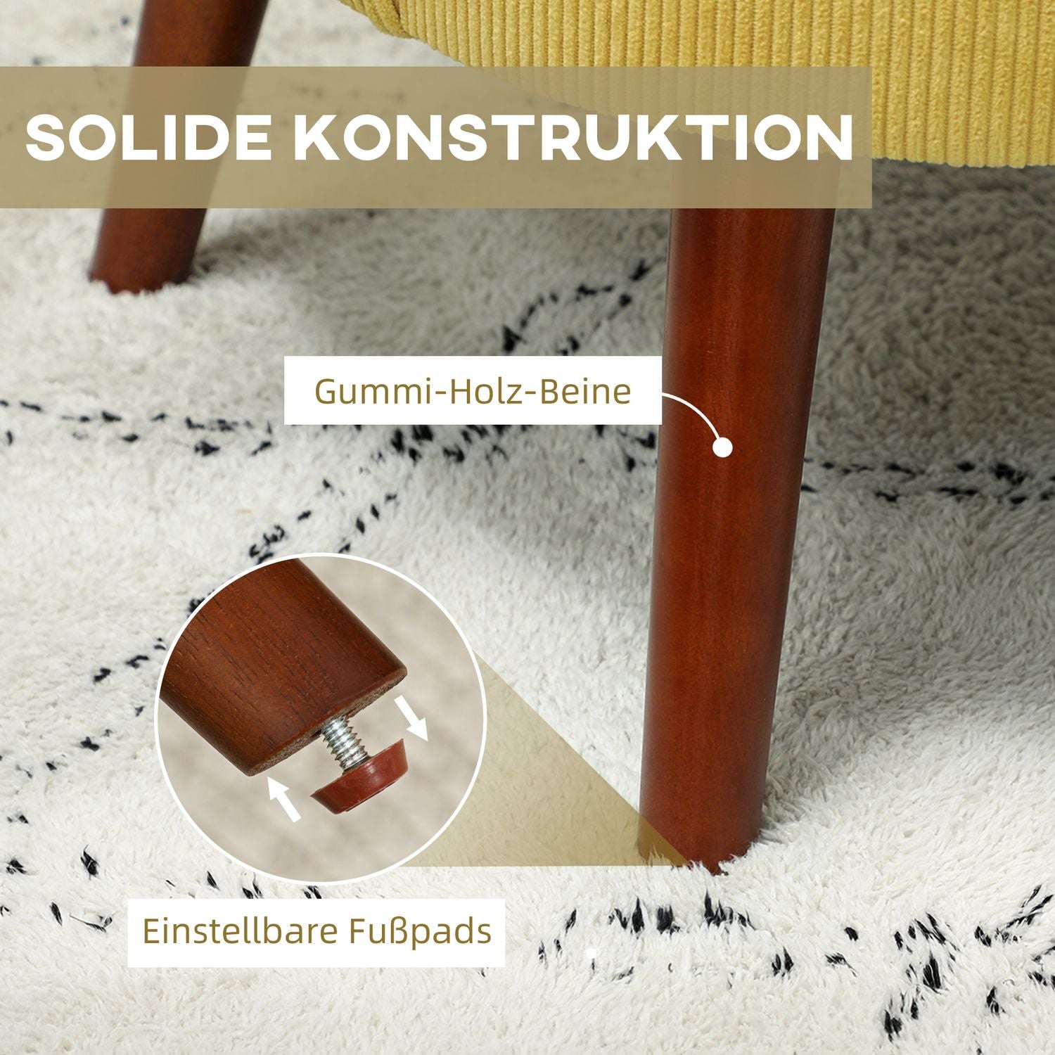 Gul fåtölj med dyna, ben i gummiträ, klädd