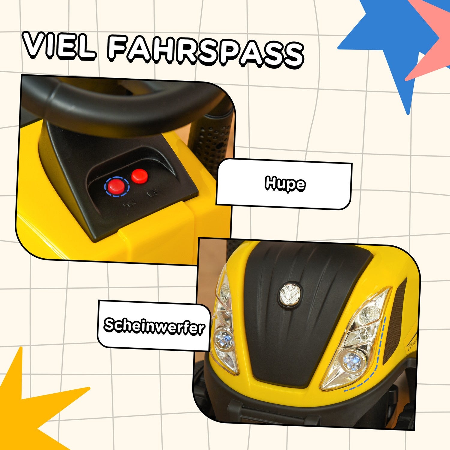 Gul åktraktor med släp och horn för barn