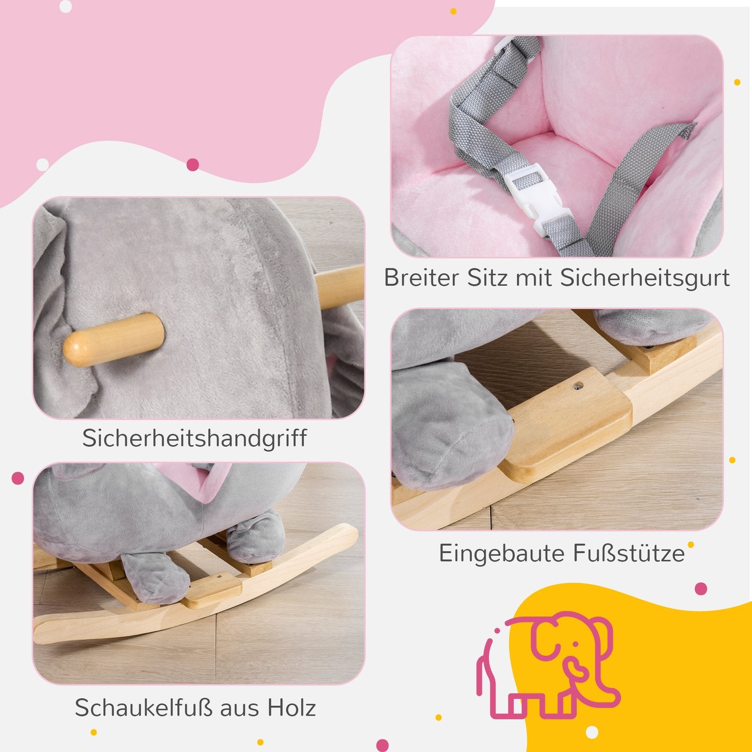 Gunghäst-elefant i trä – grå och rosa, åldrarna 18 miljoner+