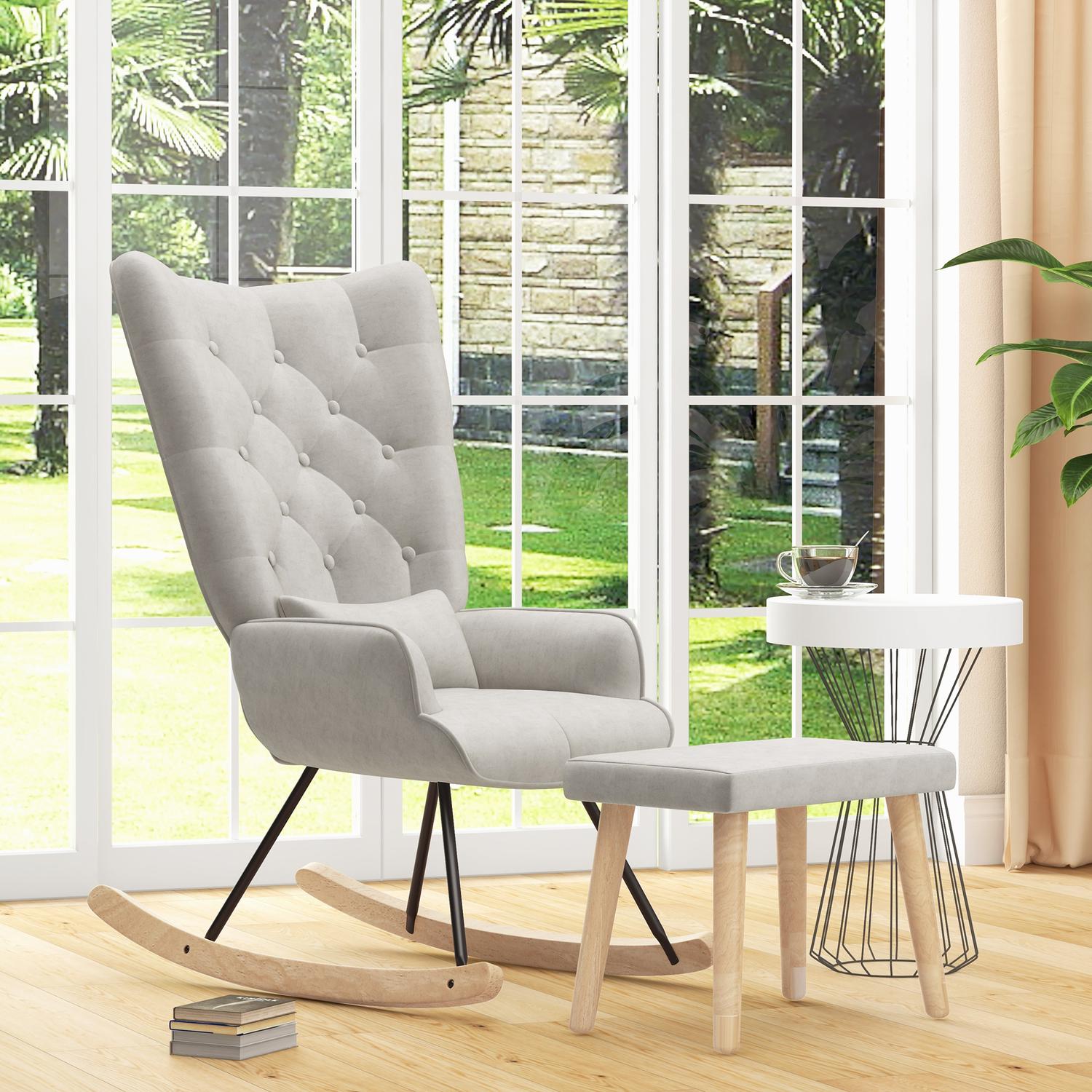 Gungstol i sammet med kudde och pall, gräddvit