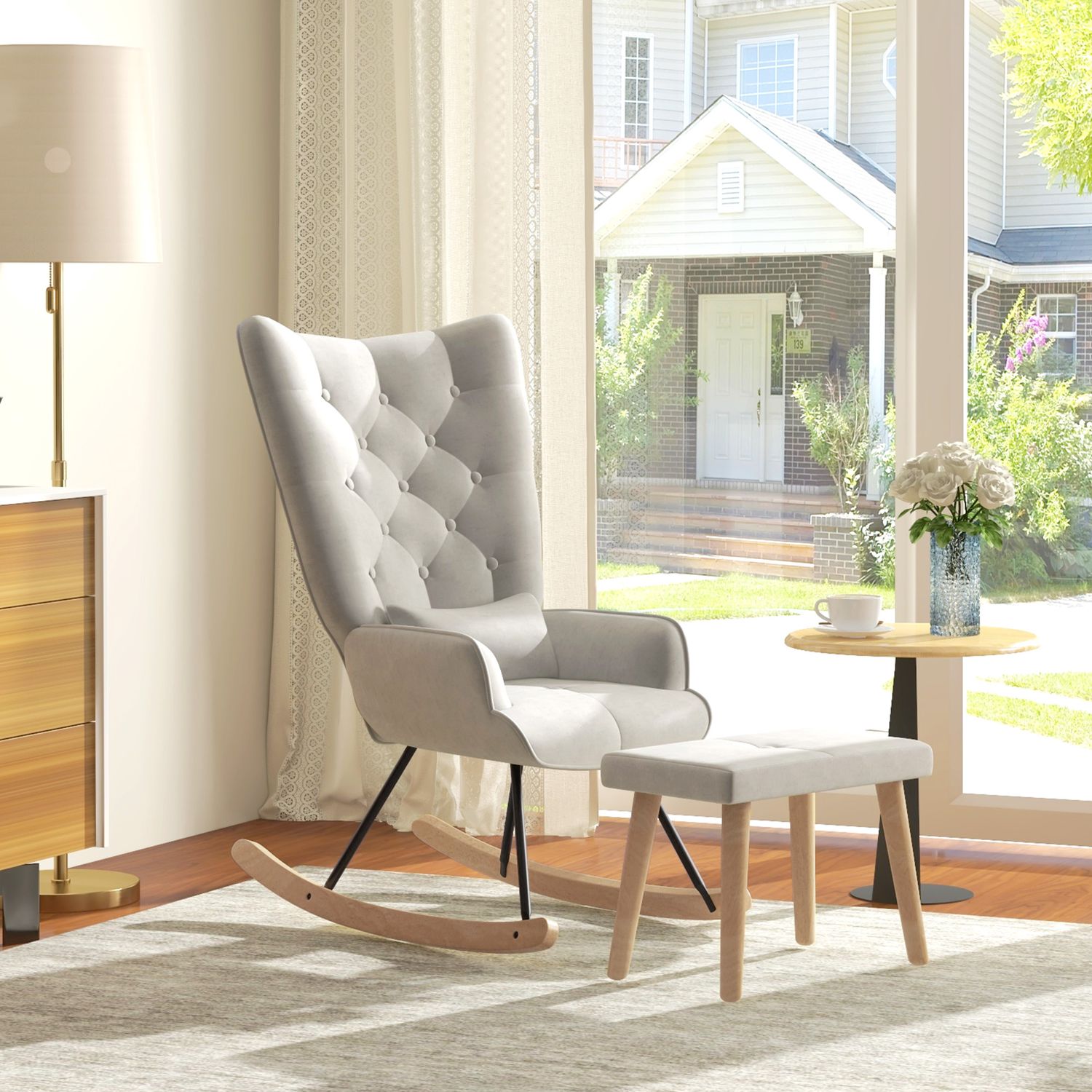 Gungstol i sammet med kudde och pall, gräddvit