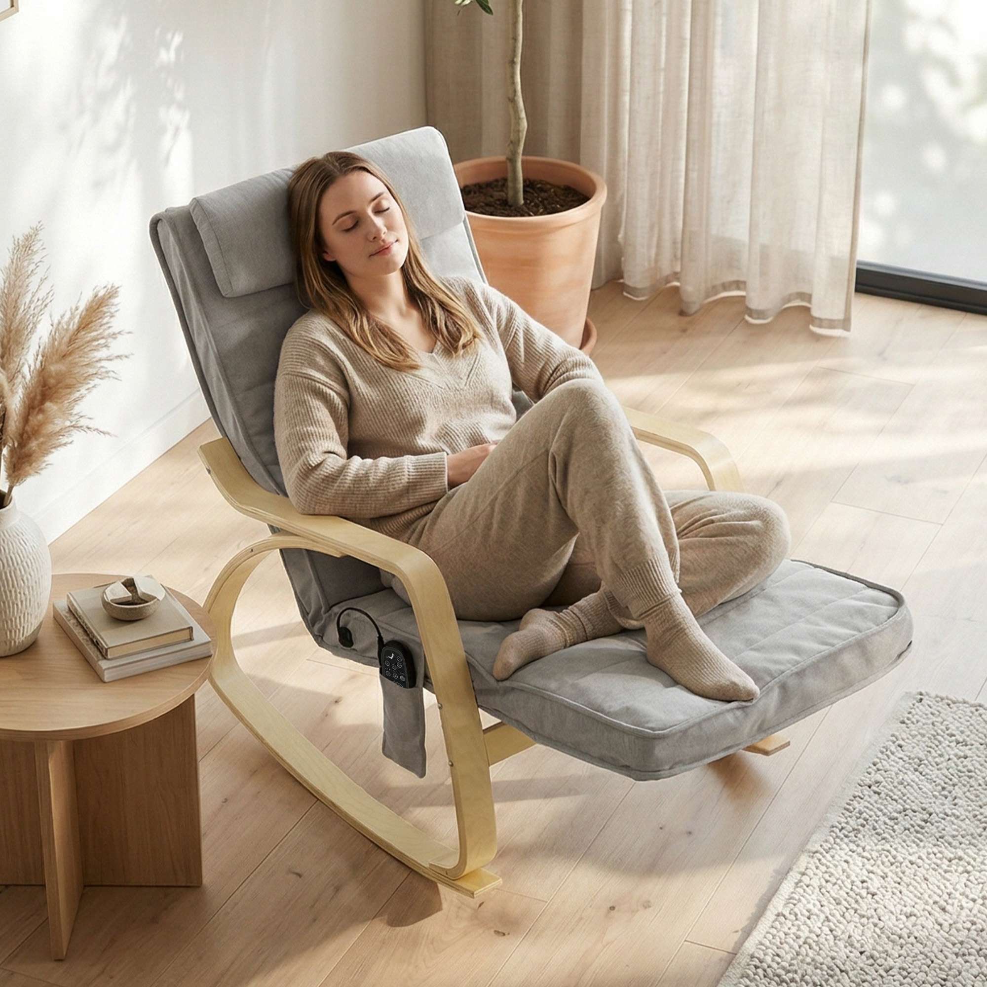 Gungstol med massage, värme, nackstöd och fotstöd, sammet, ljusgrå