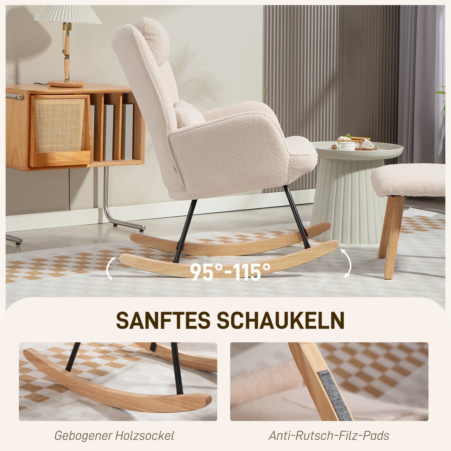Gungstol med ottomansk, fleeceöverdrag, träben, beige