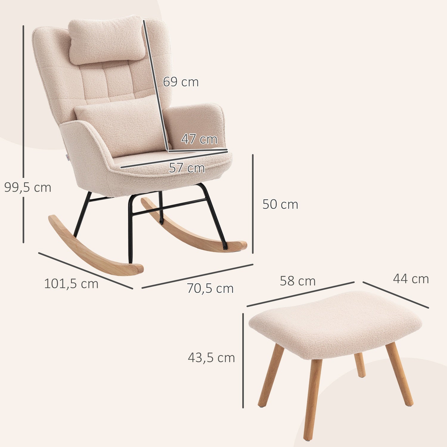 Gungstol med ottomansk, fleeceöverdrag, träben, beige