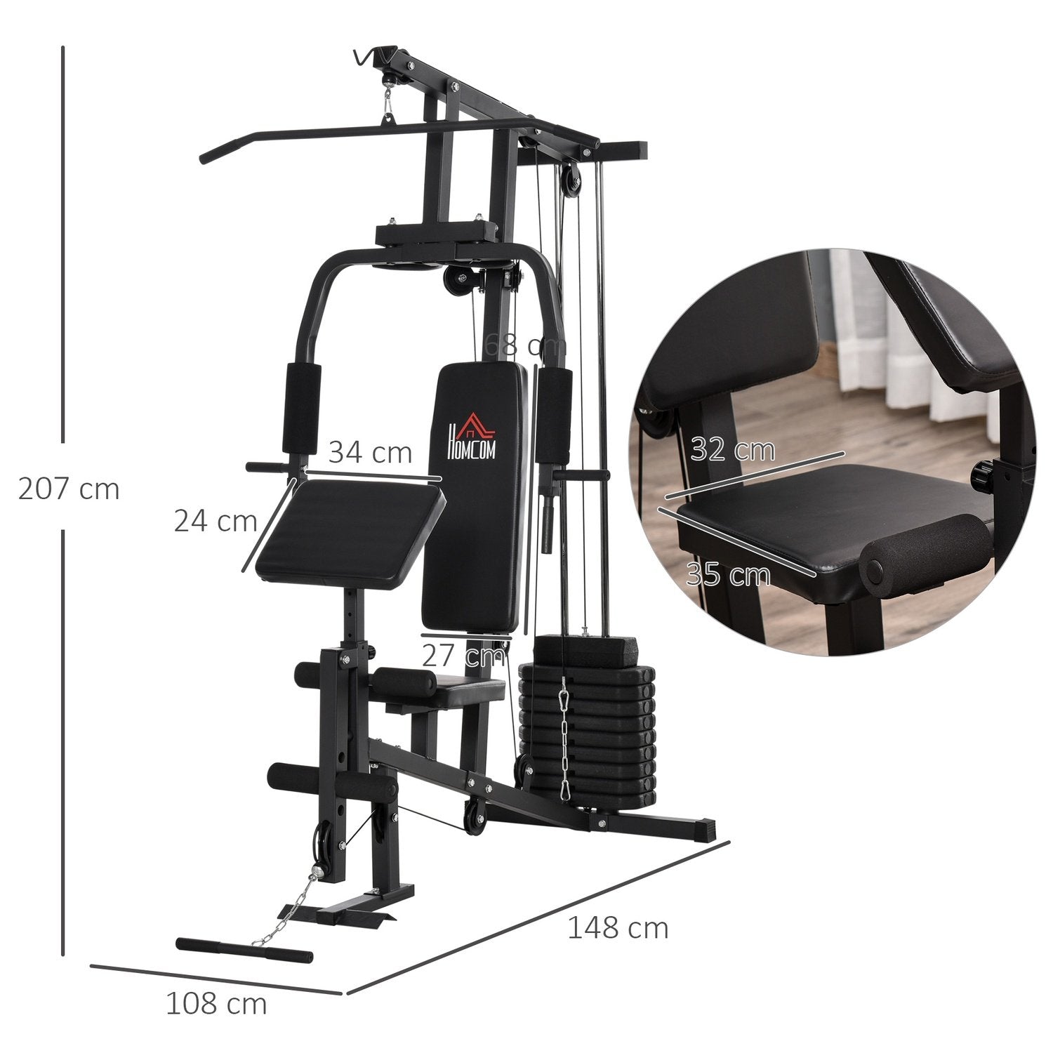 Treningsstudio Multigym Treningsutstyr Treningsstasjon Treningssenter Inkludert vekter med rullepolstring Stål Kunstskinn Svart 148 X 108 X 207 cm