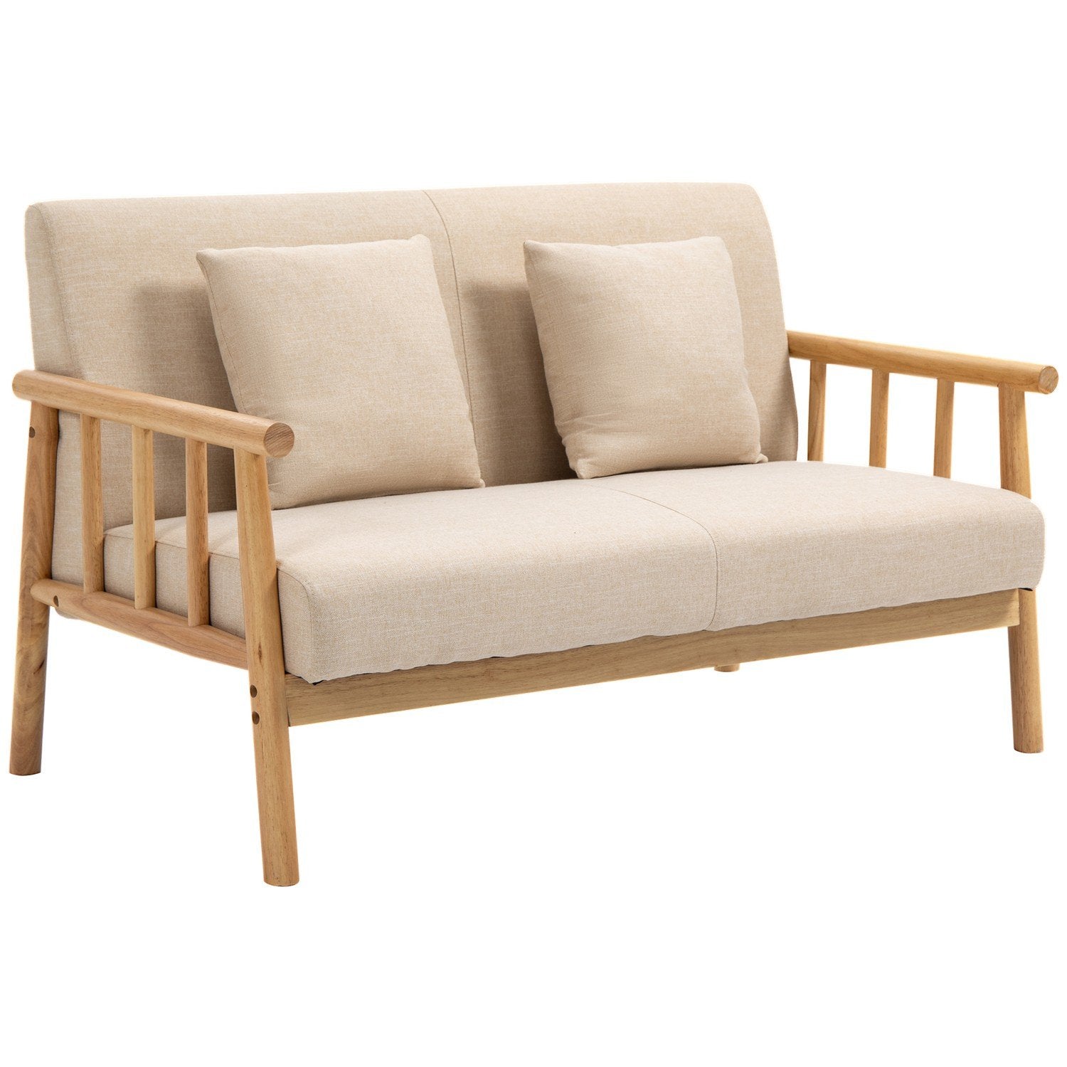 2-seters sofa 2 korsryggsputer Polstret treramme Linlook dobbelsofa Lite rom Beige