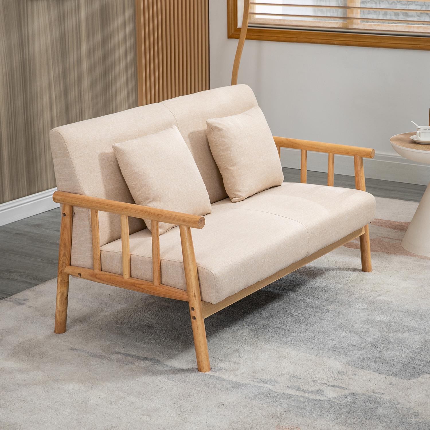 2-Sits Soffa Soffa 2 Svankkuddar Vadderade Trästomme Linnelook Dubbelsoffa Smårum Beige