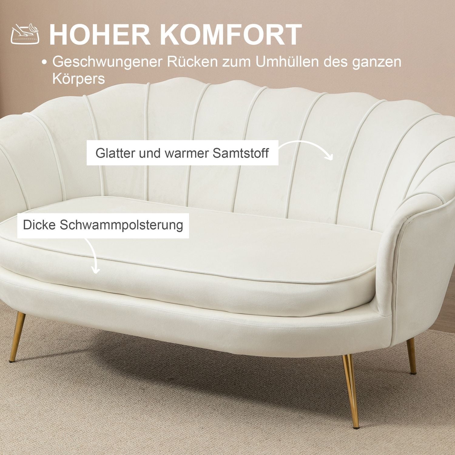 2-seters sofa Sofa Polstret sofa Loveseat Armlen Fløyel Opp til 150 Kg Stue Soverom Creme 130X77X77Cm