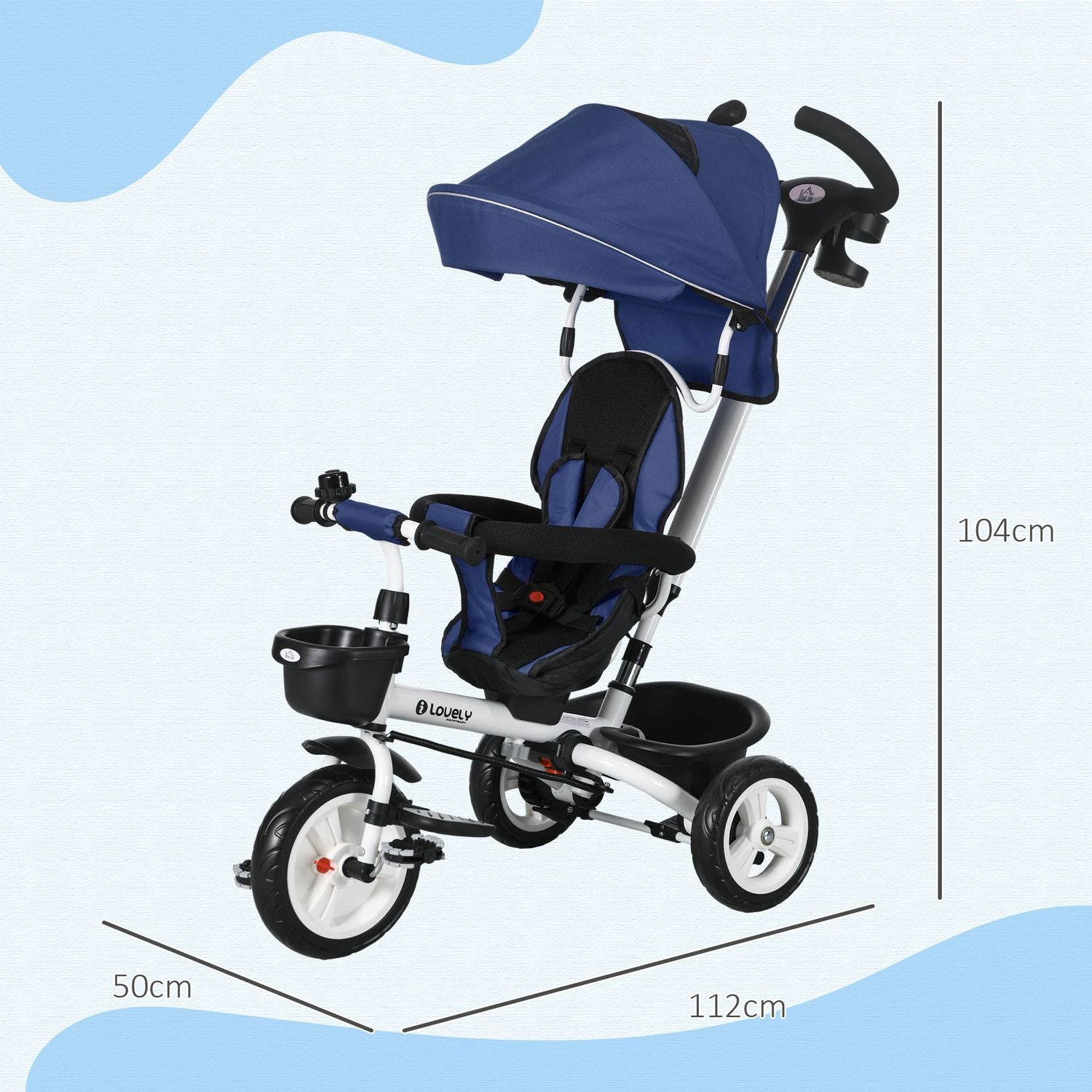 2-i-1 Tricycle Push Bar Trehjulssykkel Barnesikkerhetsbelte Sammenleggbart soltak Drikkeholder Basket Pedal 1-5 år Blå