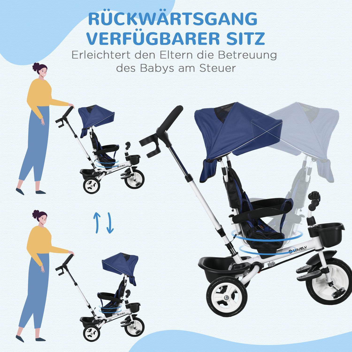 2-i-1 Tricycle Push Bar Trehjulssykkel Barnesikkerhetsbelte Sammenleggbart soltak Drikkeholder Basket Pedal 1-5 år Blå