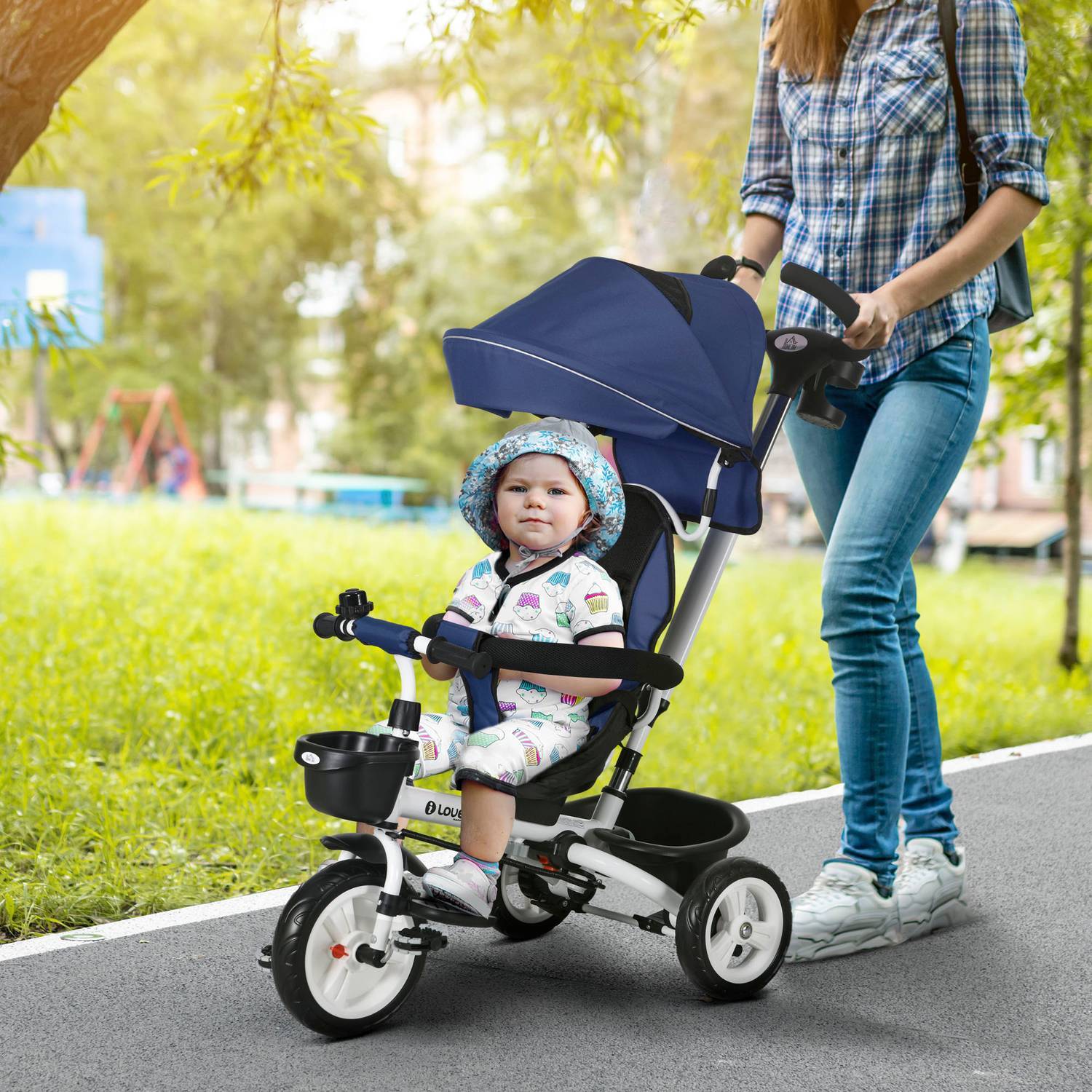 2-i-1 Tricycle Push Bar Trehjulssykkel Barnesikkerhetsbelte Sammenleggbart soltak Drikkeholder Basket Pedal 1-5 år Blå